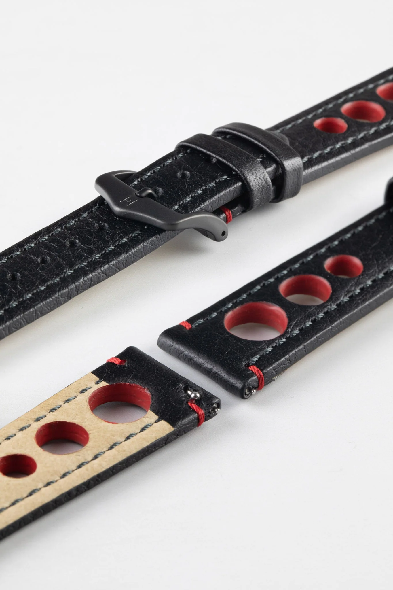 Hirsch RALLY Natural Leather Racing Watch Strap in BLACK & RED - Image 9