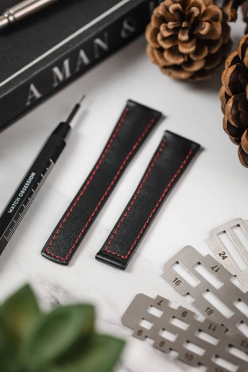 Hirsch SPEED Calfskin Deployment Watch Strap in BLACK/RED - Image 2