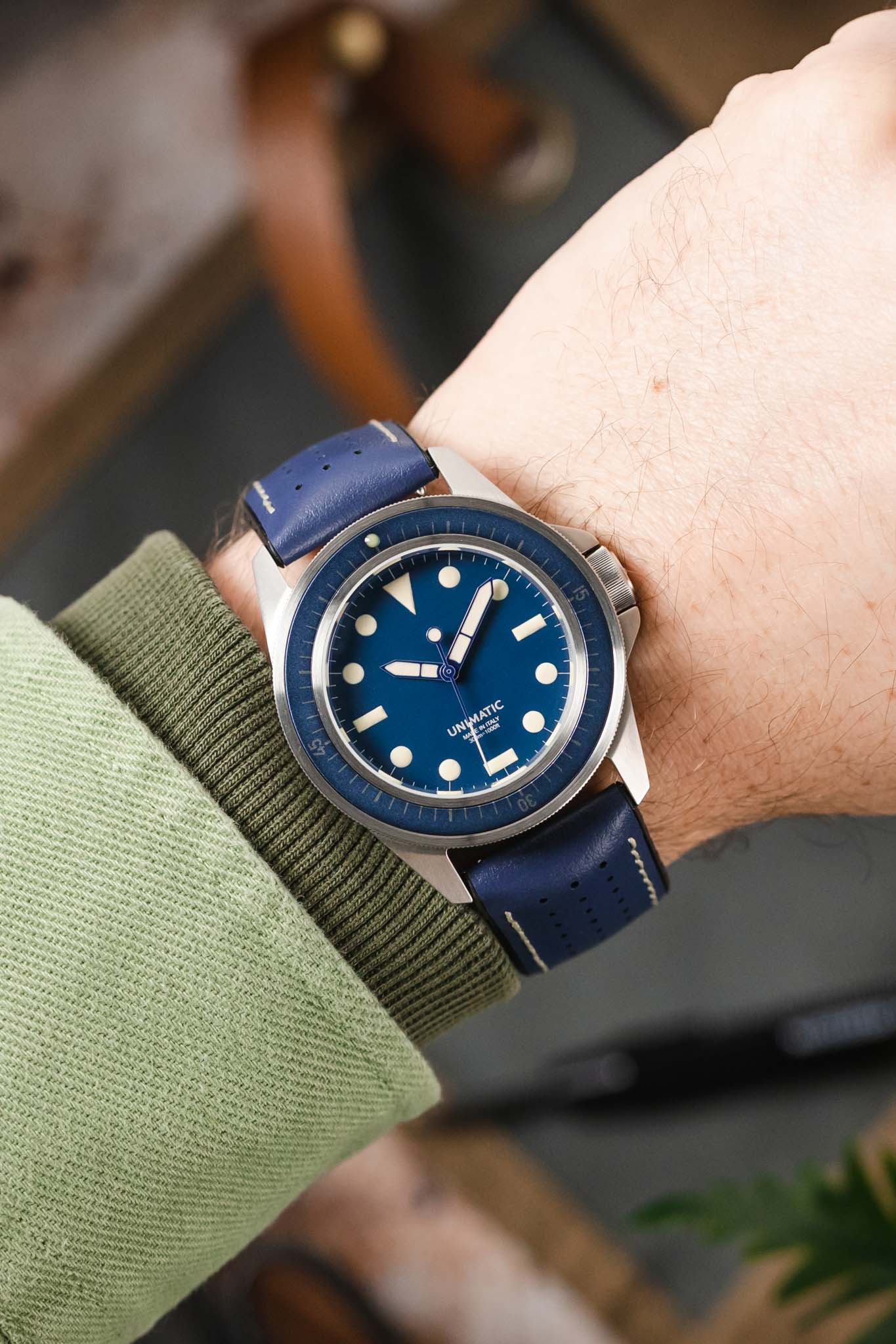 Hirsch TIGER Perforated Leather Performance Watch Strap in BLUE - Image 2