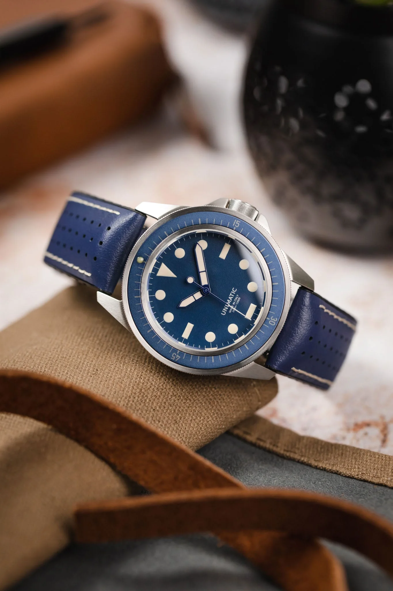 Hirsch TIGER Perforated Leather Performance Watch Strap in BLUE - Image 4