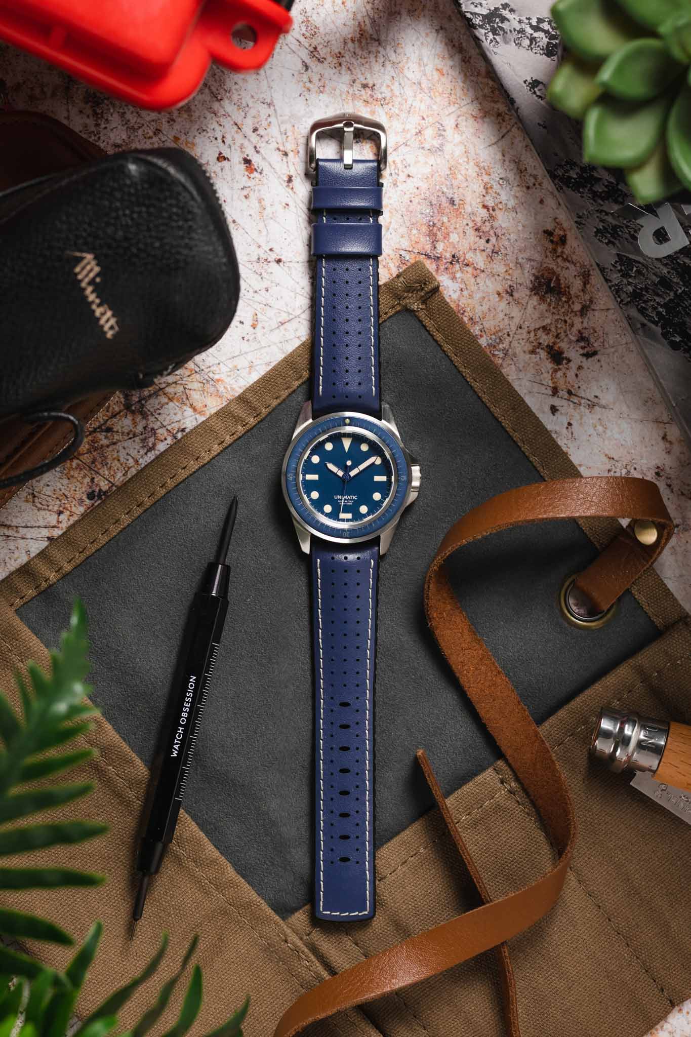 Hirsch TIGER Perforated Leather Performance Watch Strap in BLUE - Image 6