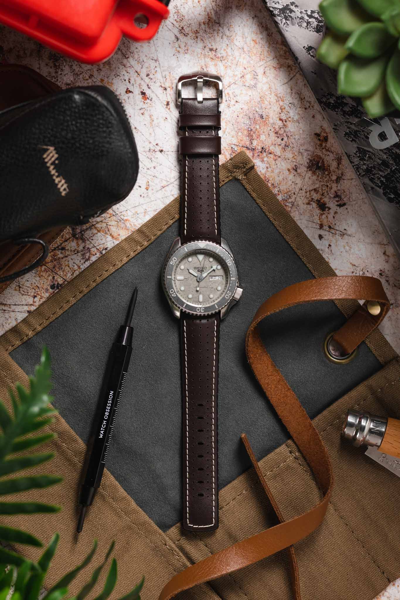 Hirsch TIGER Perforated Leather Performance Watch Strap in BROWN - Image 6