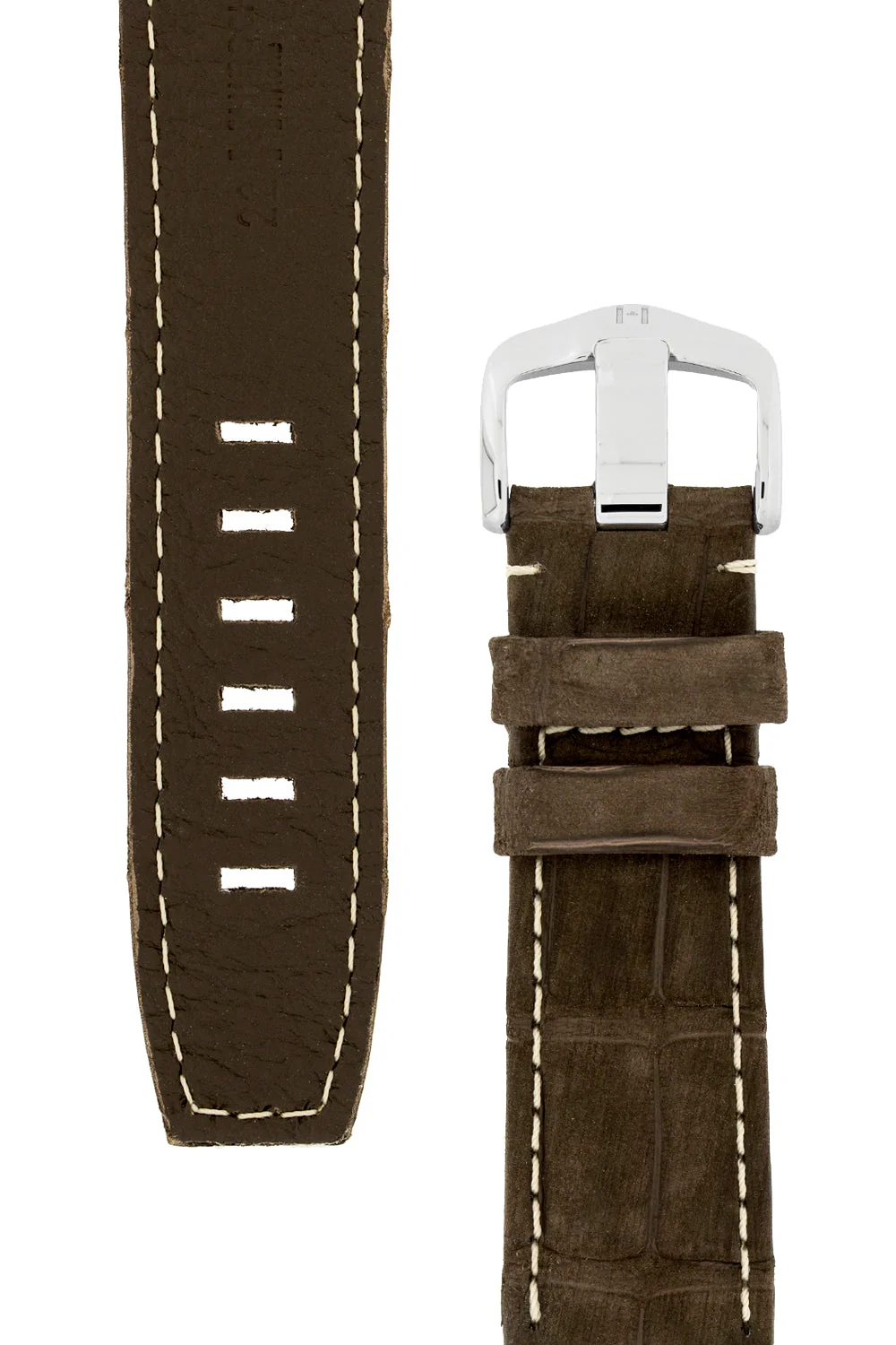 Hirsch TRITONE Nubuck Alligator Leather Watch Strap in BROWN With WHITE Stitching - Image 3