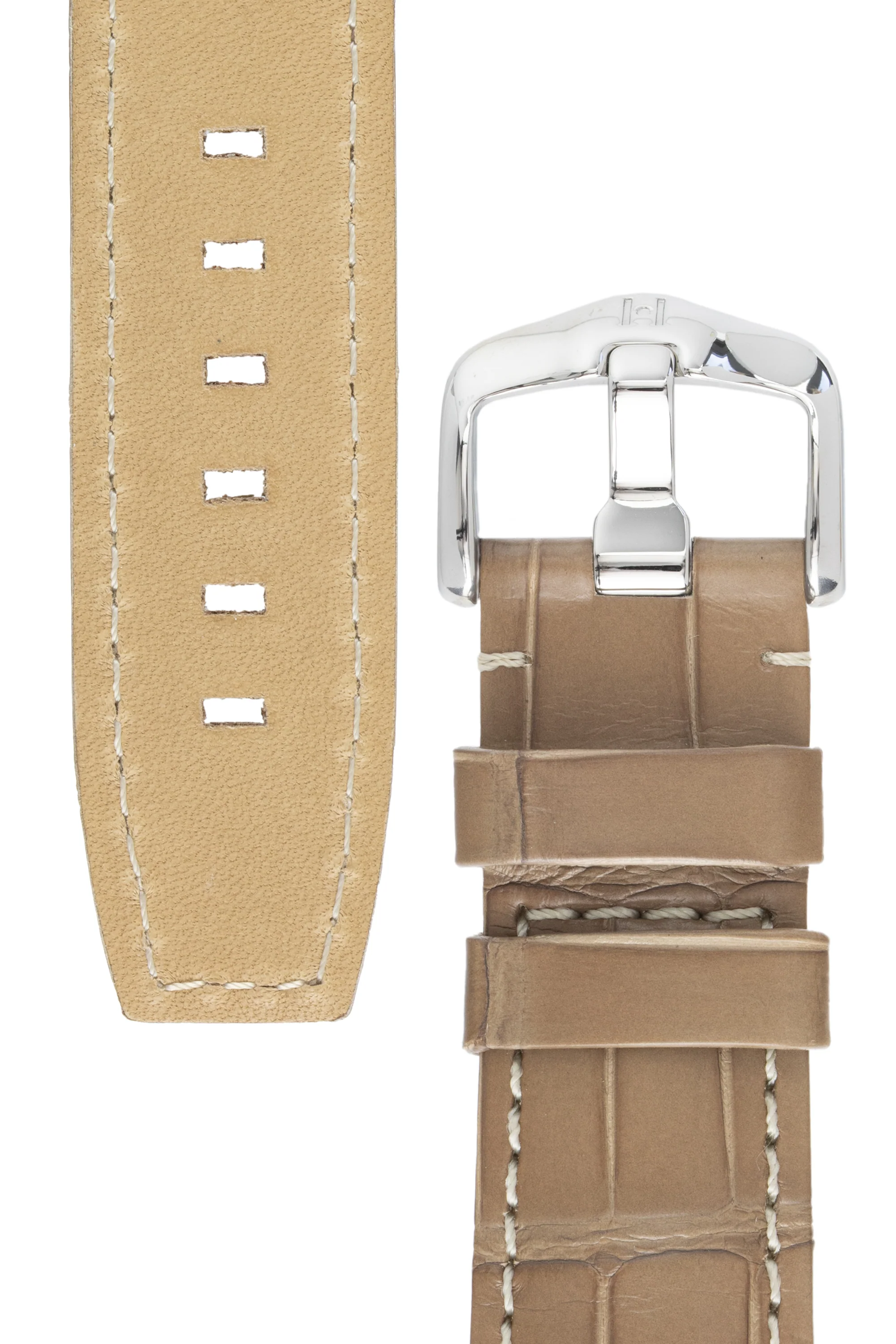 Hirsch TRITONE Padded Alligator Leather Watch Strap in BEIGE with WHITE Stitching - Image 3