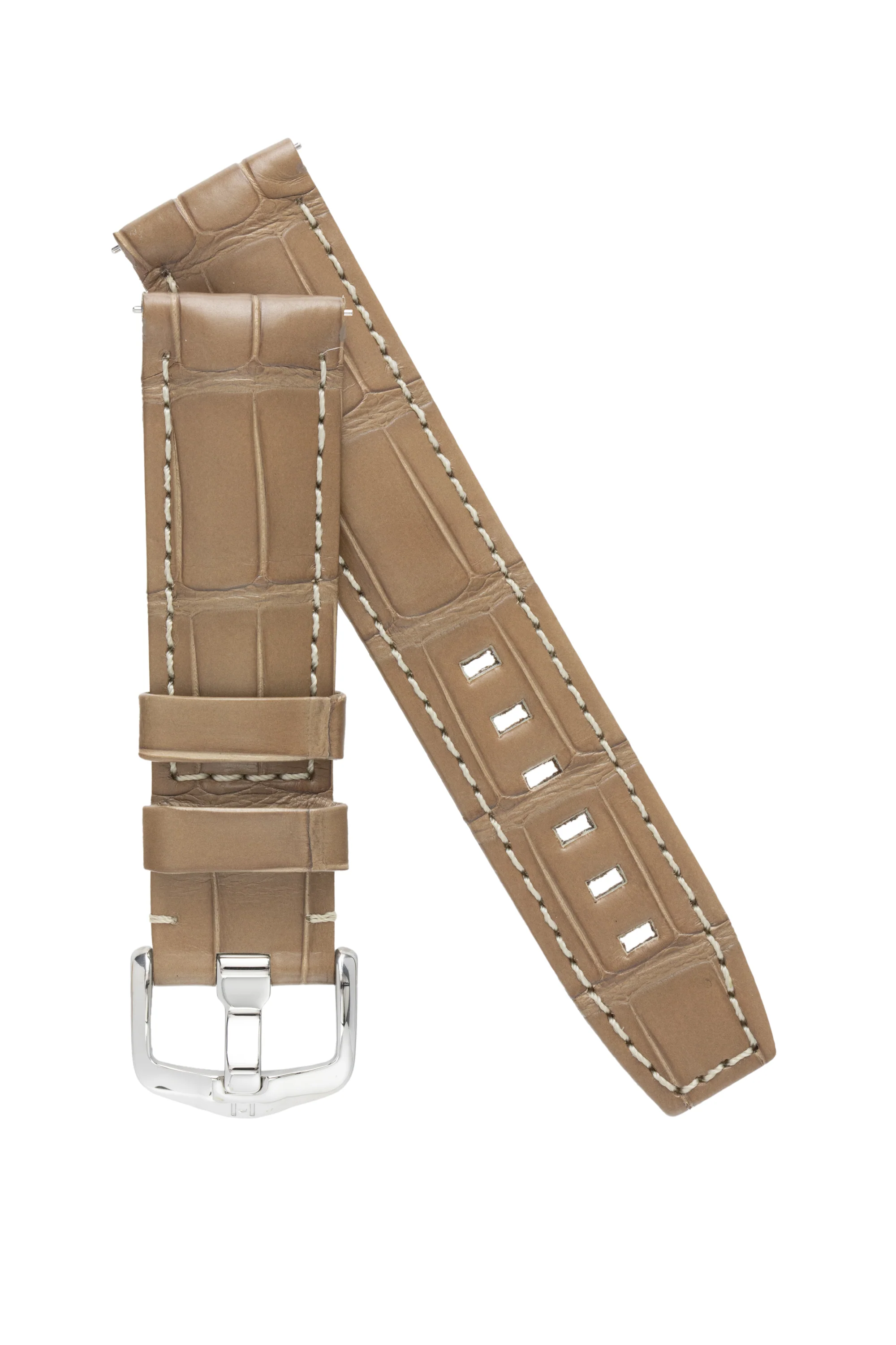 Hirsch TRITONE Padded Alligator Leather Watch Strap in BEIGE with WHITE Stitching - Image 4