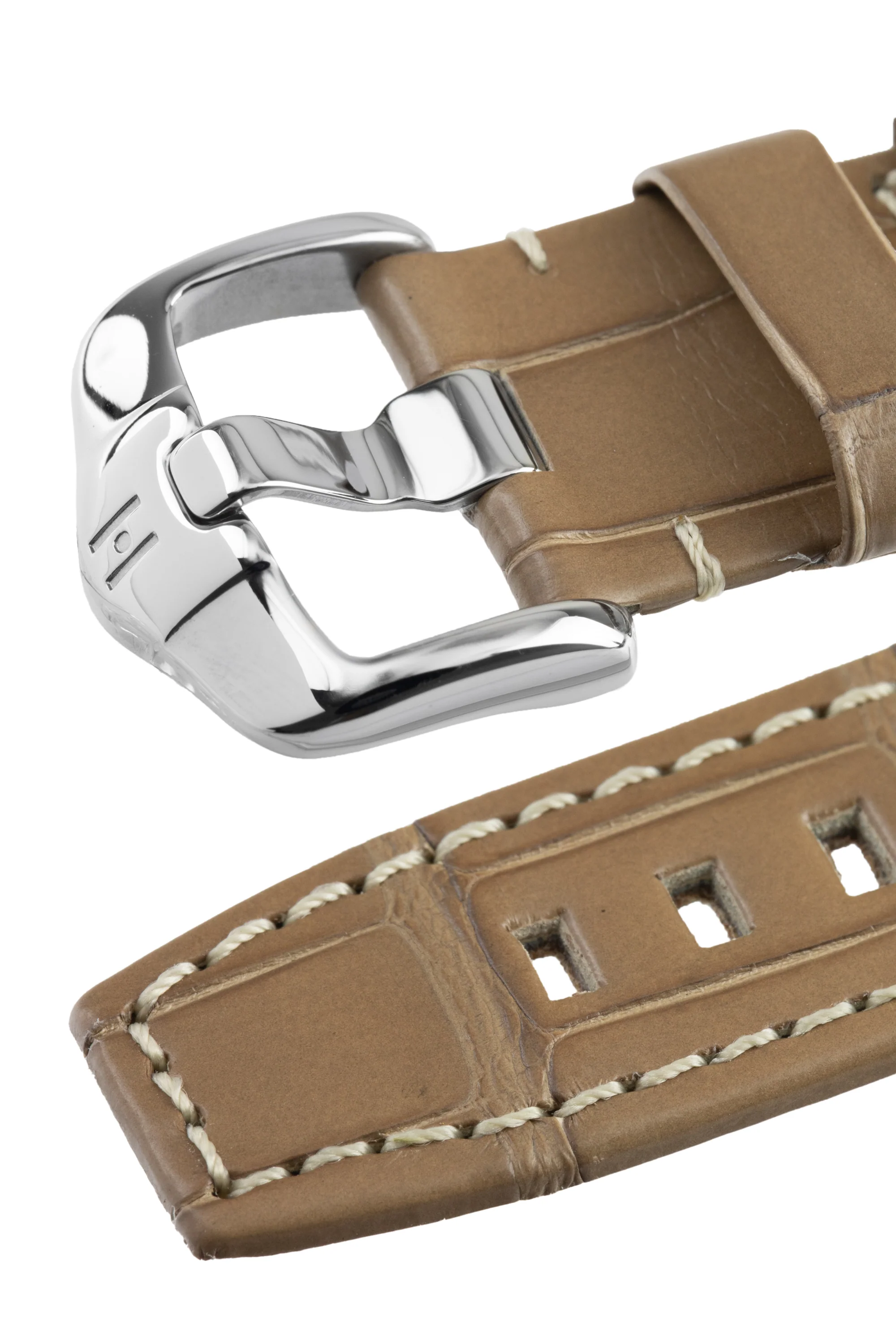 Hirsch TRITONE Padded Alligator Leather Watch Strap in BEIGE with WHITE Stitching - Image 5