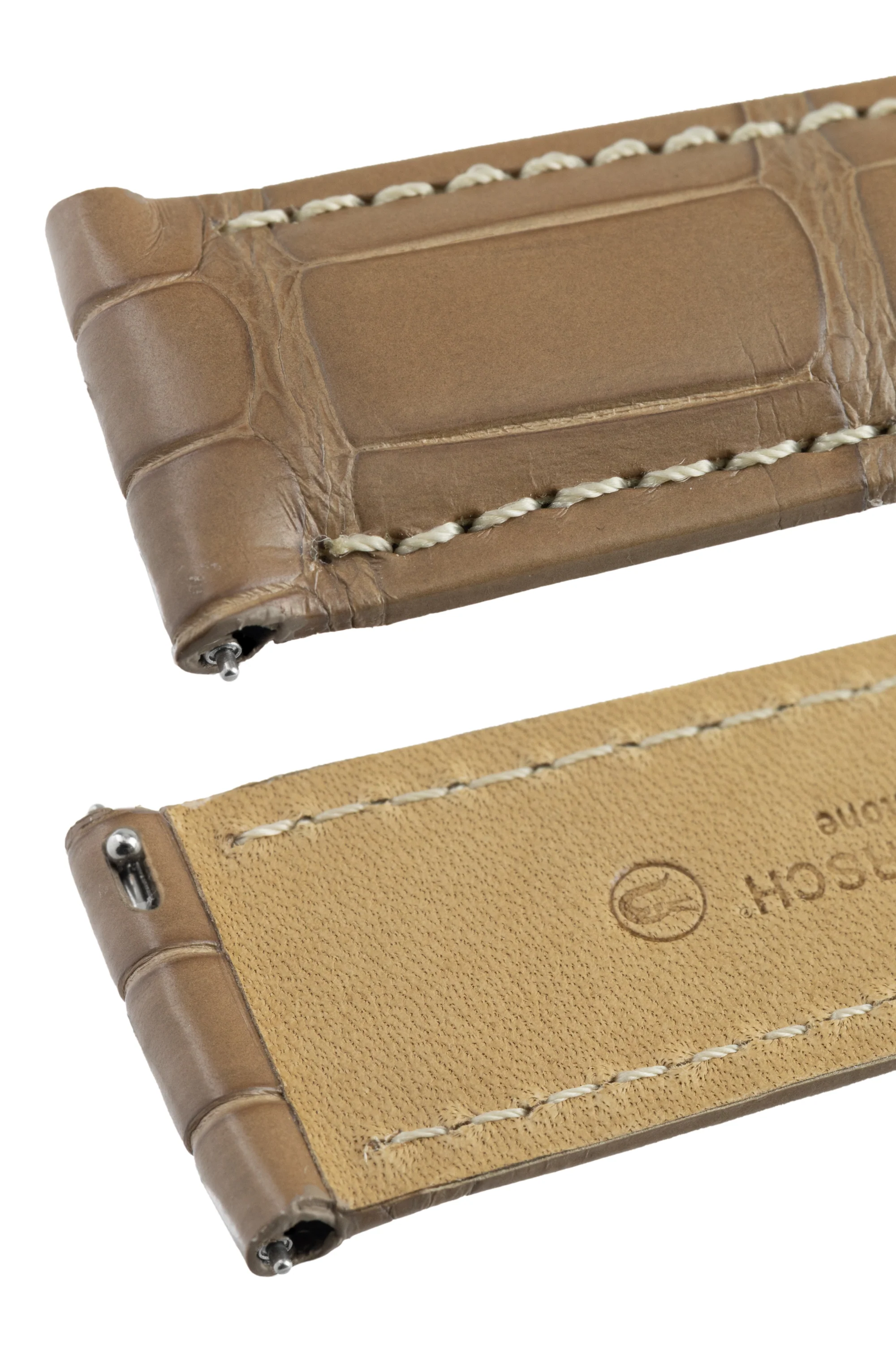 Hirsch TRITONE Padded Alligator Leather Watch Strap in BEIGE with WHITE Stitching - Image 6
