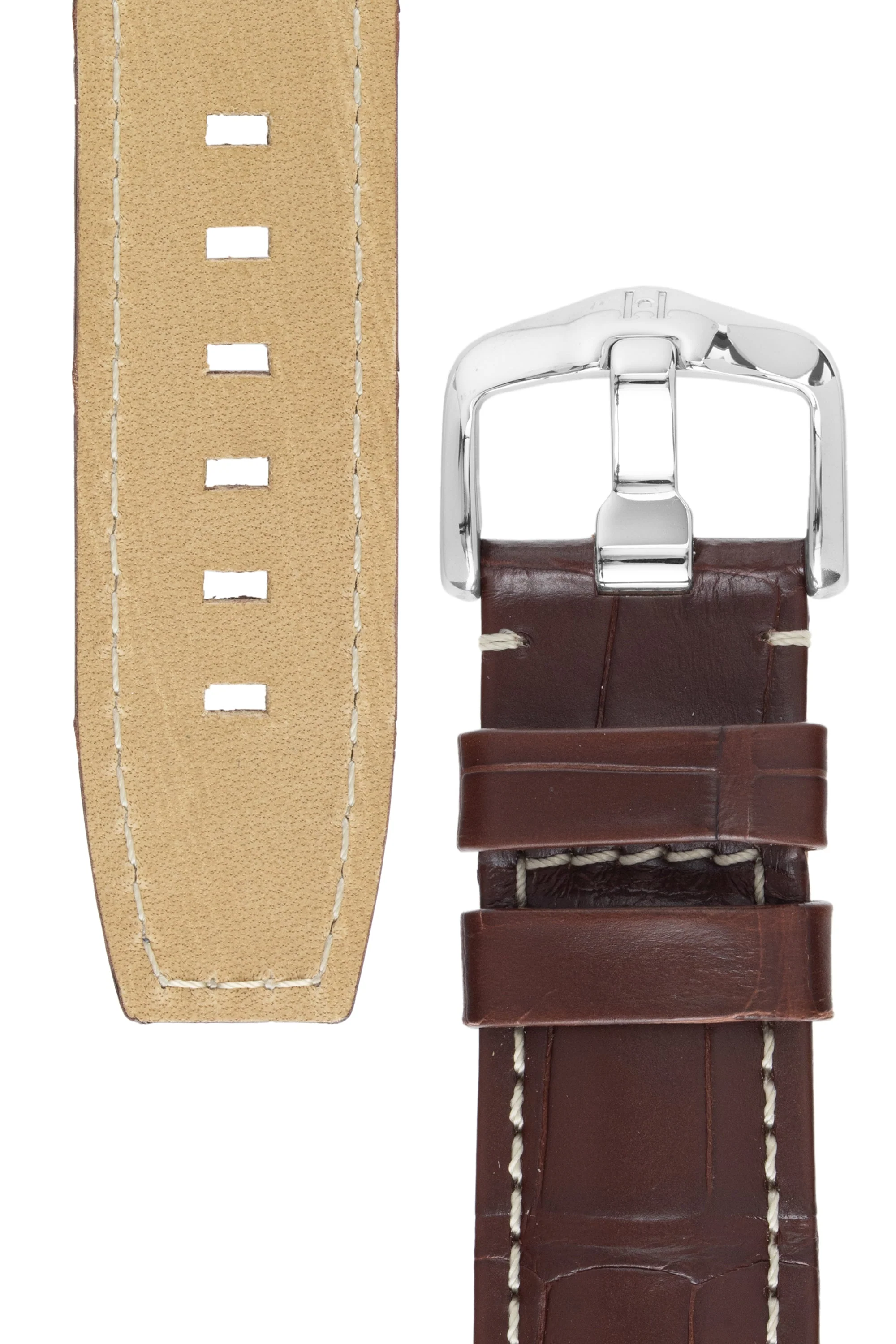 Hirsch TRITONE Padded Alligator Leather Watch Strap in BROWN With WHITE Stitching - Image 3