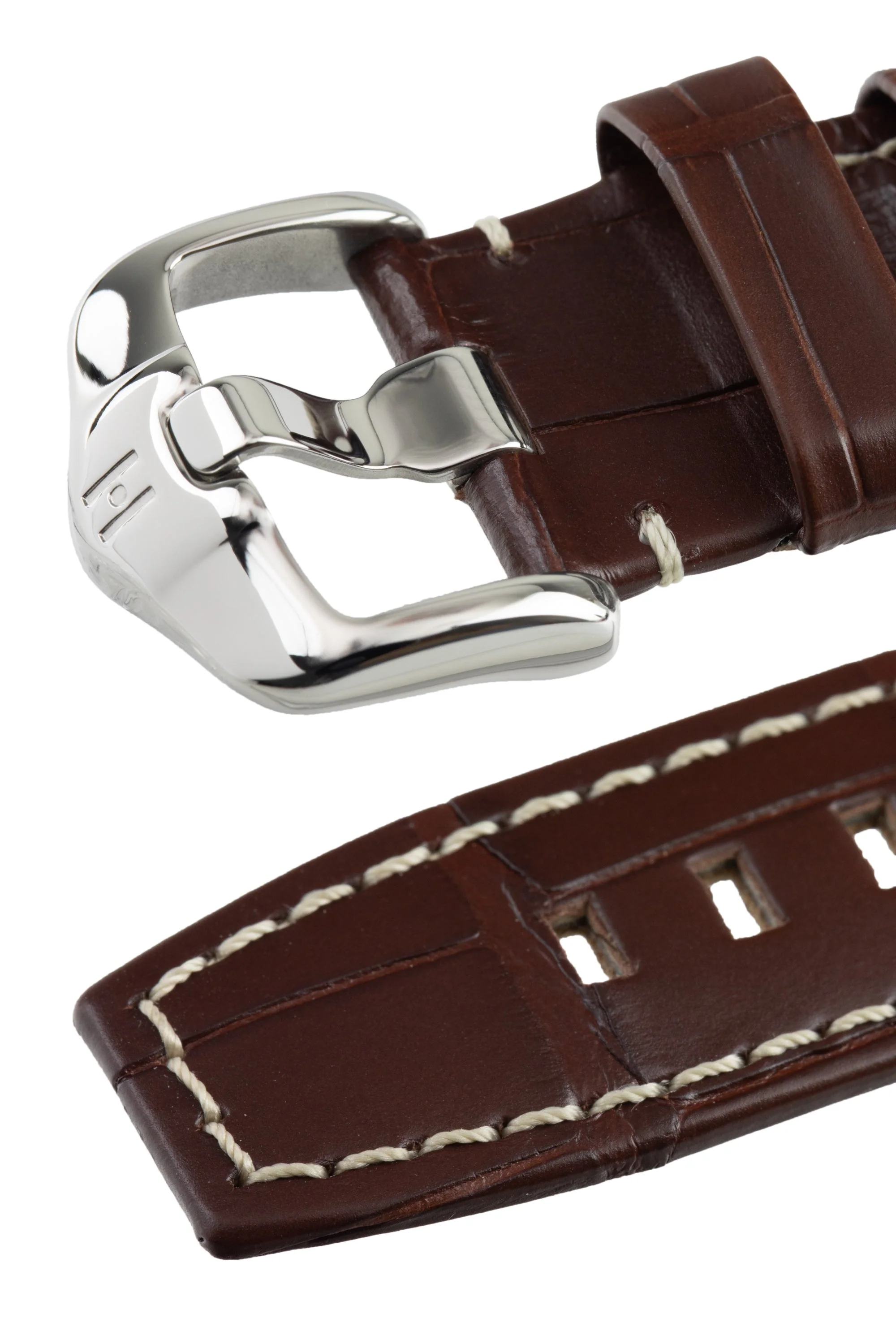 Hirsch TRITONE Padded Alligator Leather Watch Strap in BROWN With WHITE Stitching - Image 5