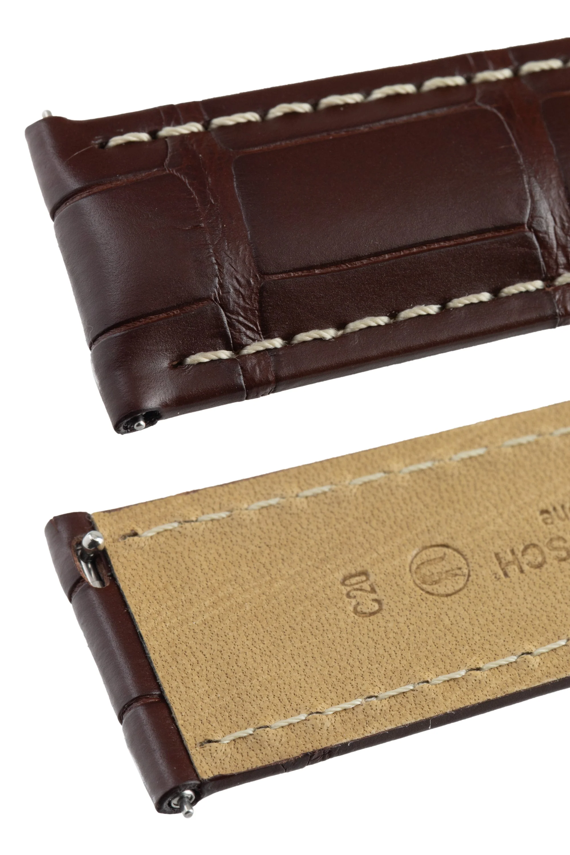 Hirsch TRITONE Padded Alligator Leather Watch Strap in BROWN With WHITE Stitching - Image 6
