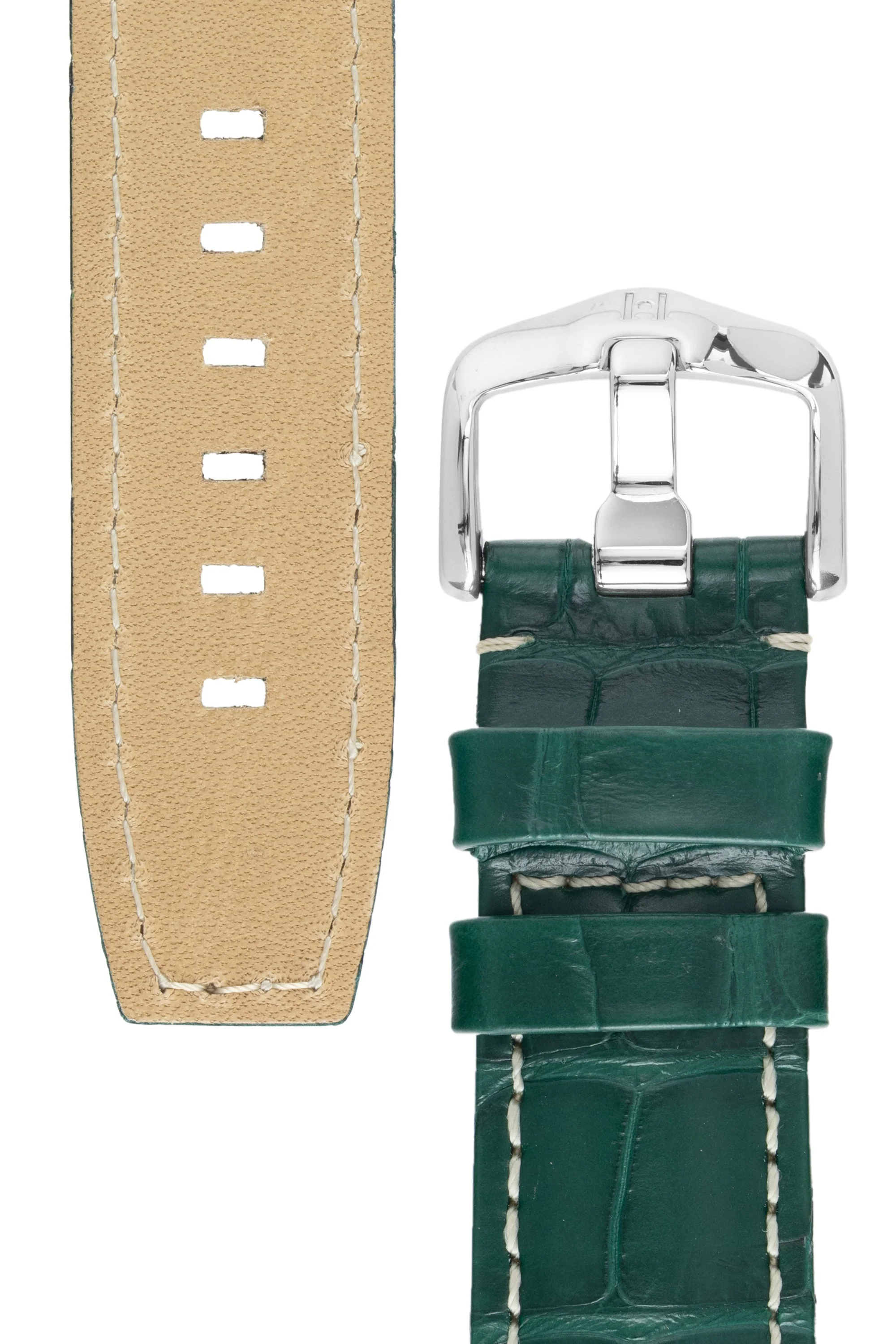 Hirsch TRITONE Padded Alligator Leather Watch Strap in DARK GREEN With WHITE Stitching - Image 3