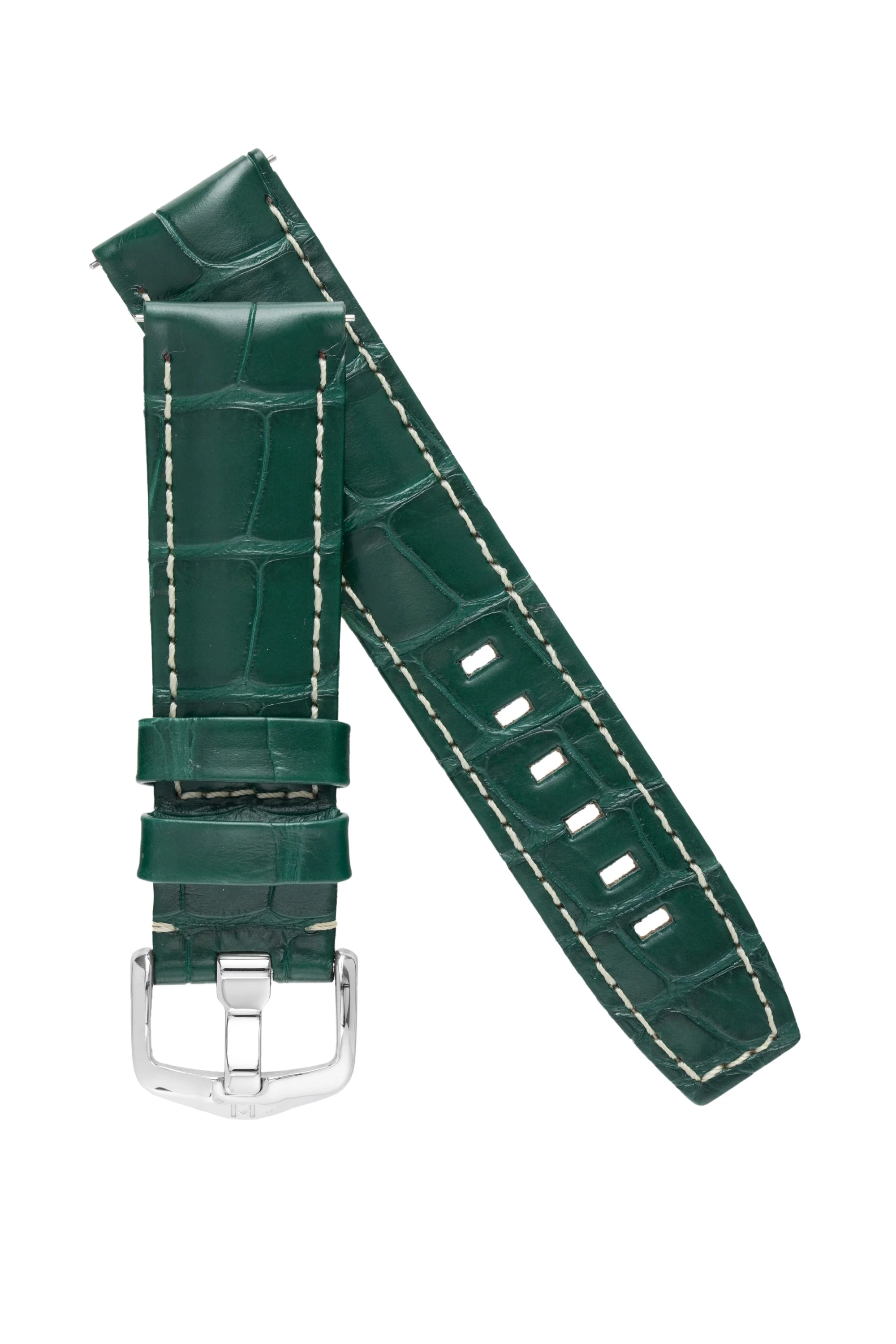 Hirsch TRITONE Padded Alligator Leather Watch Strap in DARK GREEN With WHITE Stitching - Image 4
