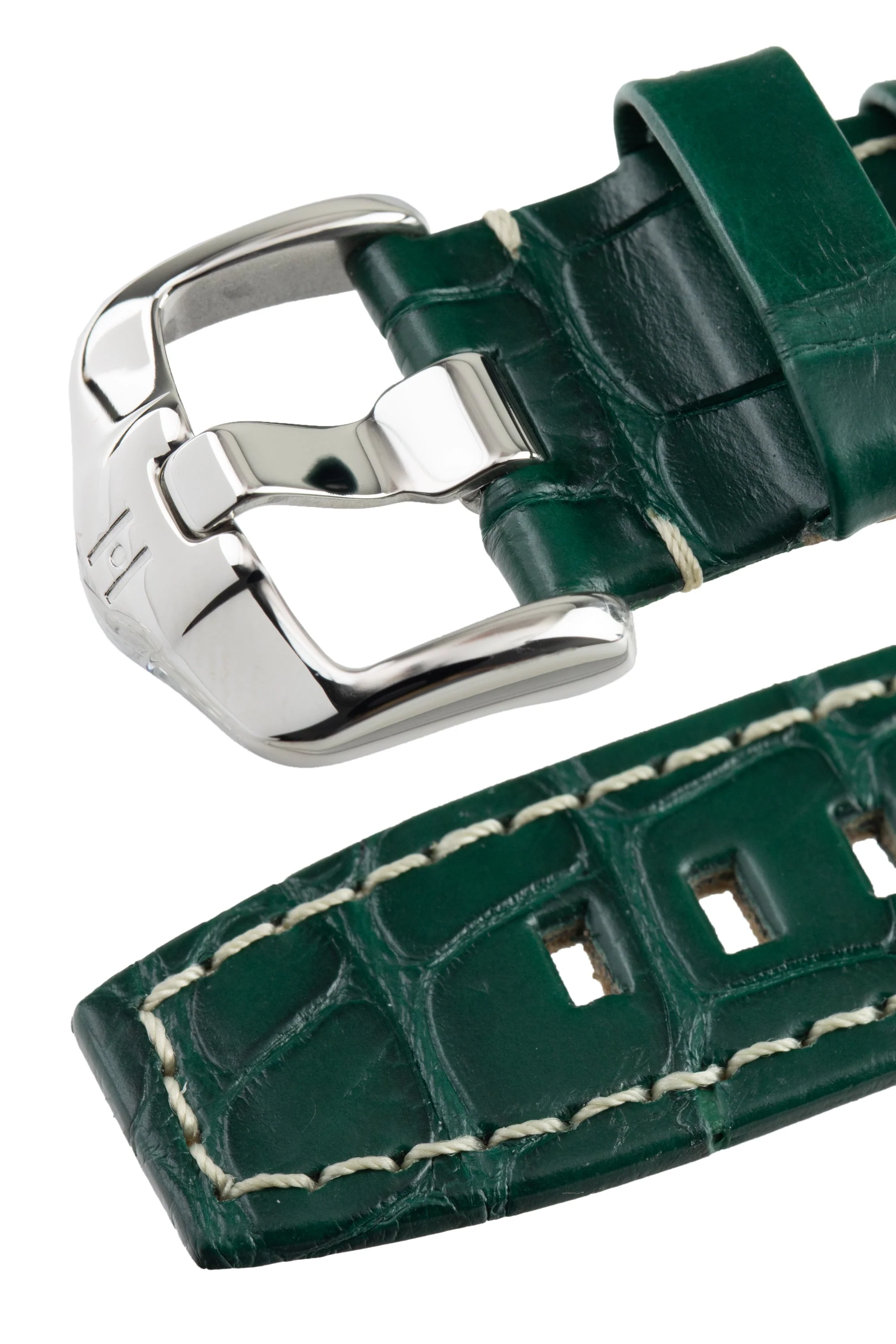 Hirsch TRITONE Padded Alligator Leather Watch Strap in DARK GREEN With WHITE Stitching - Image 5