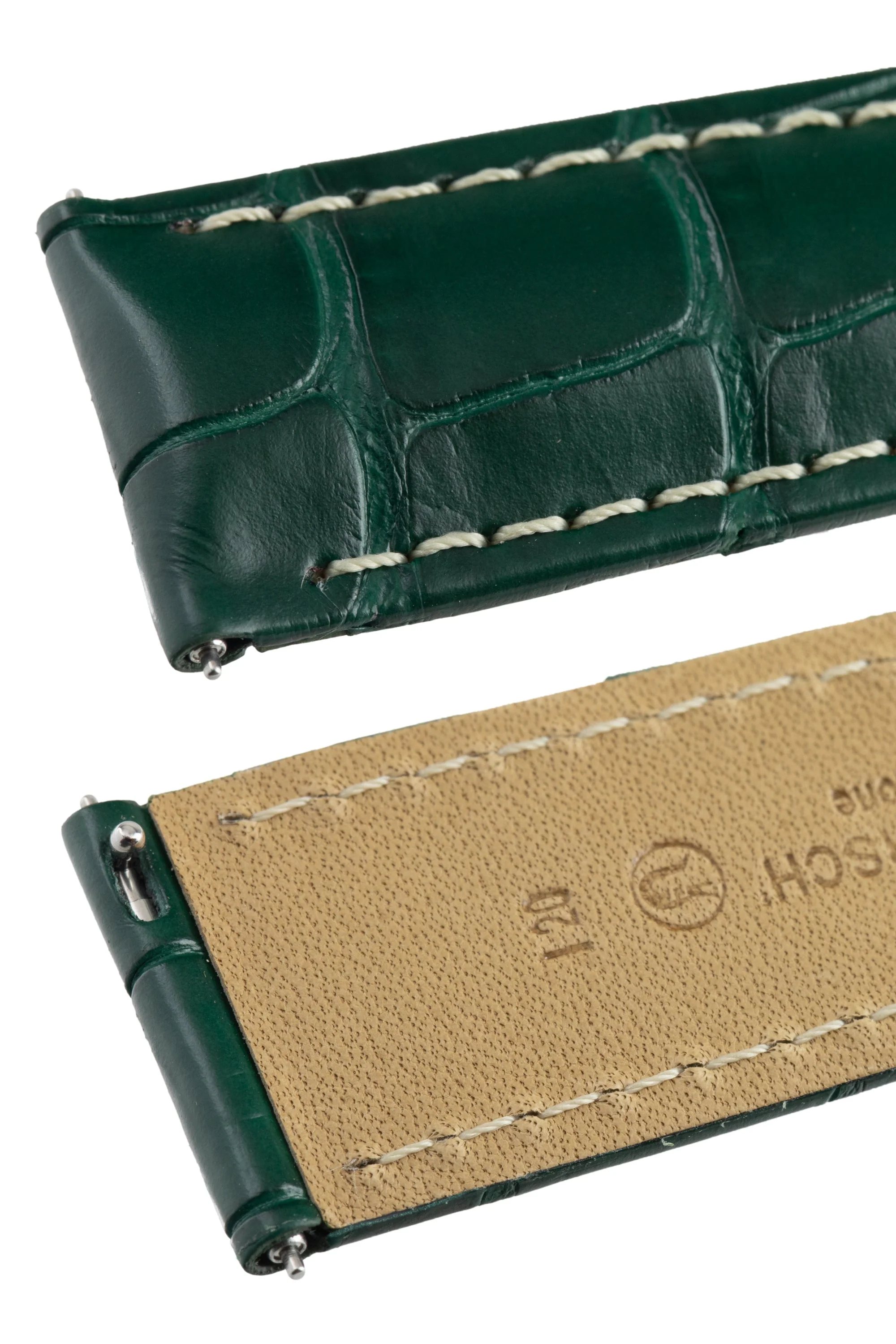 Hirsch TRITONE Padded Alligator Leather Watch Strap in DARK GREEN With WHITE Stitching - Image 6