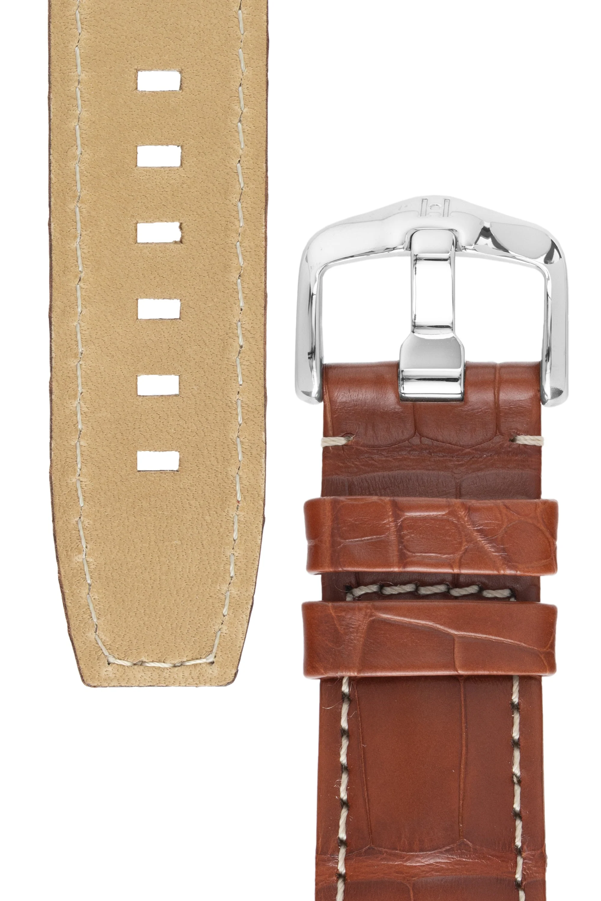 Hirsch TRITONE Padded Alligator Leather Watch Strap in GOLD BROWN With WHITE Stitching - Image 3