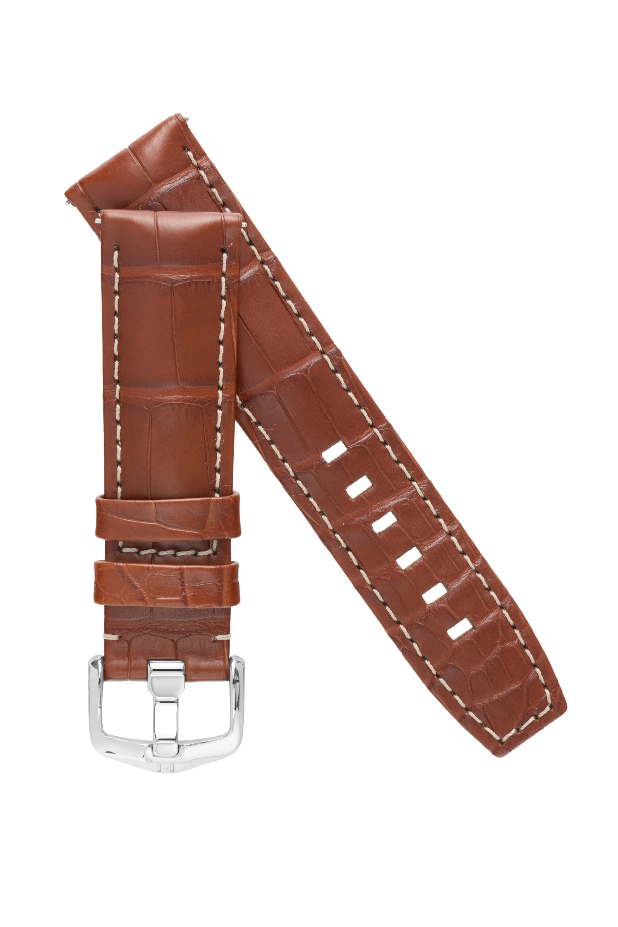 Hirsch TRITONE Padded Alligator Leather Watch Strap in GOLD BROWN With WHITE Stitching - Image 4