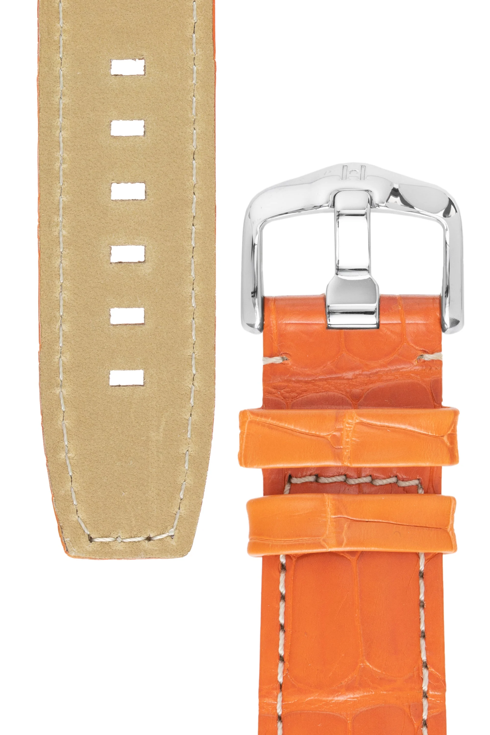 Hirsch TRITONE Padded Alligator Leather Watch Strap in ORANGE With WHITE Contrast Stitching - Image 3