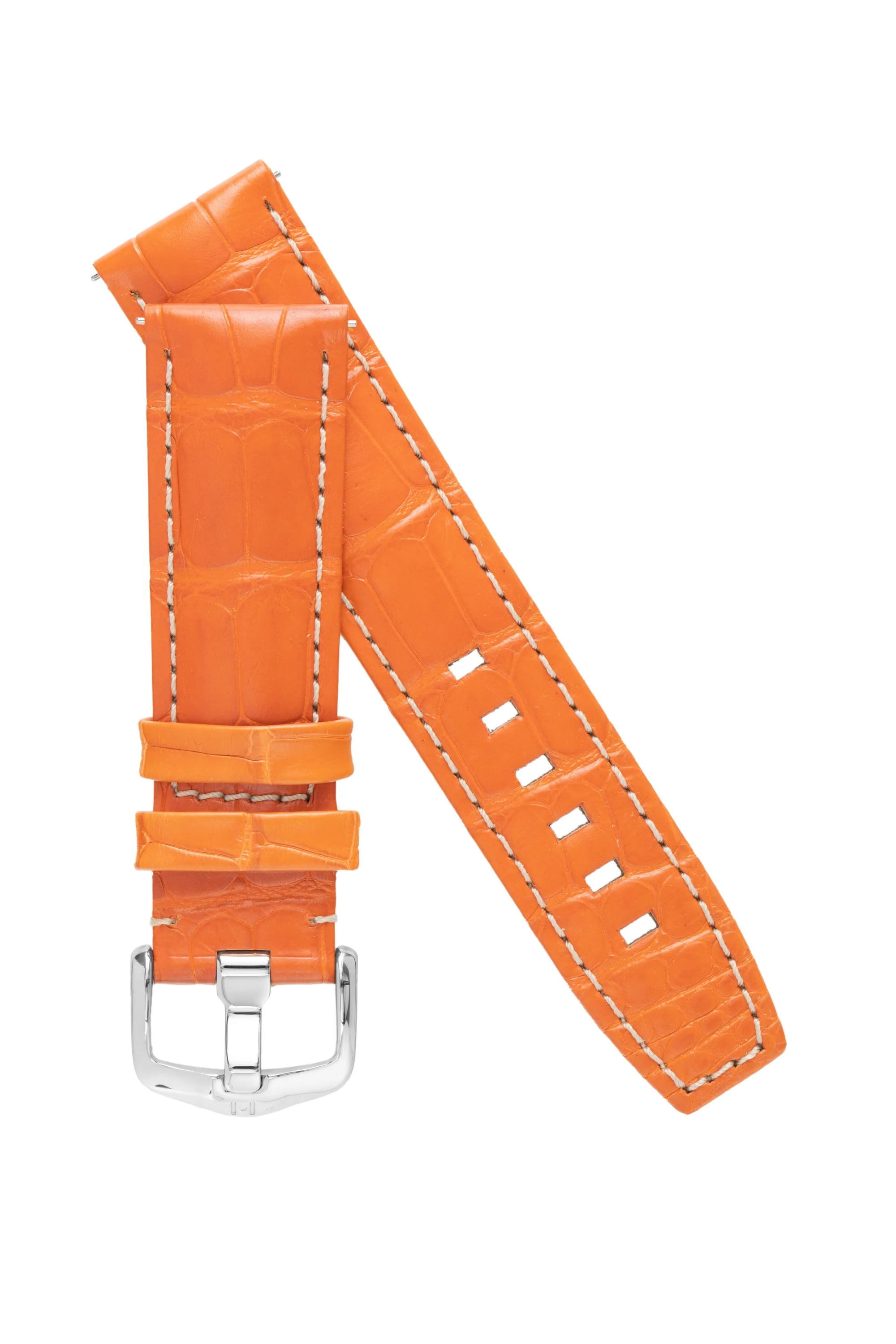 Hirsch TRITONE Padded Alligator Leather Watch Strap in ORANGE With WHITE Contrast Stitching - Image 4