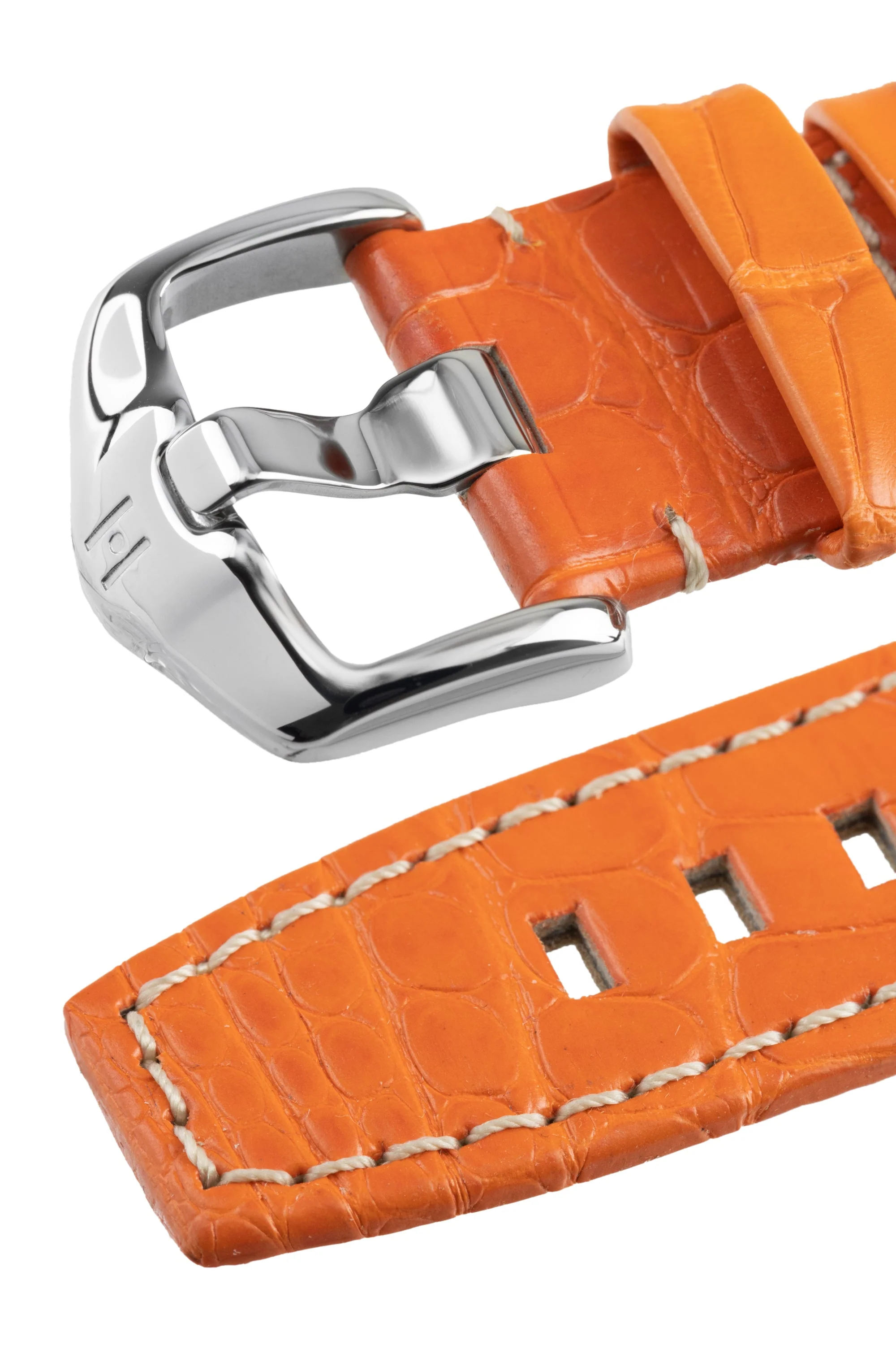 Hirsch TRITONE Padded Alligator Leather Watch Strap in ORANGE With WHITE Contrast Stitching - Image 5