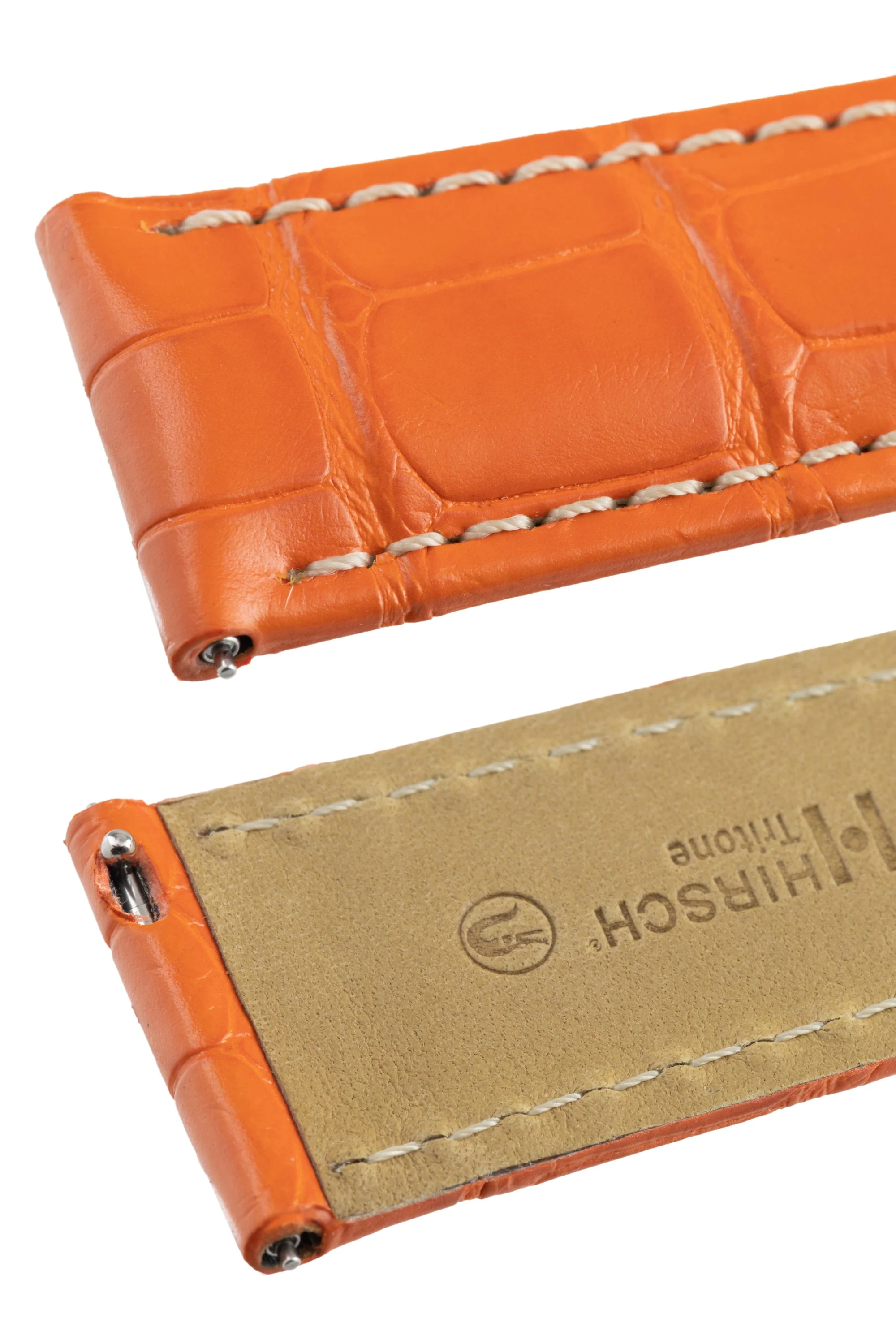 Hirsch TRITONE Padded Alligator Leather Watch Strap in ORANGE With WHITE Contrast Stitching - Image 6