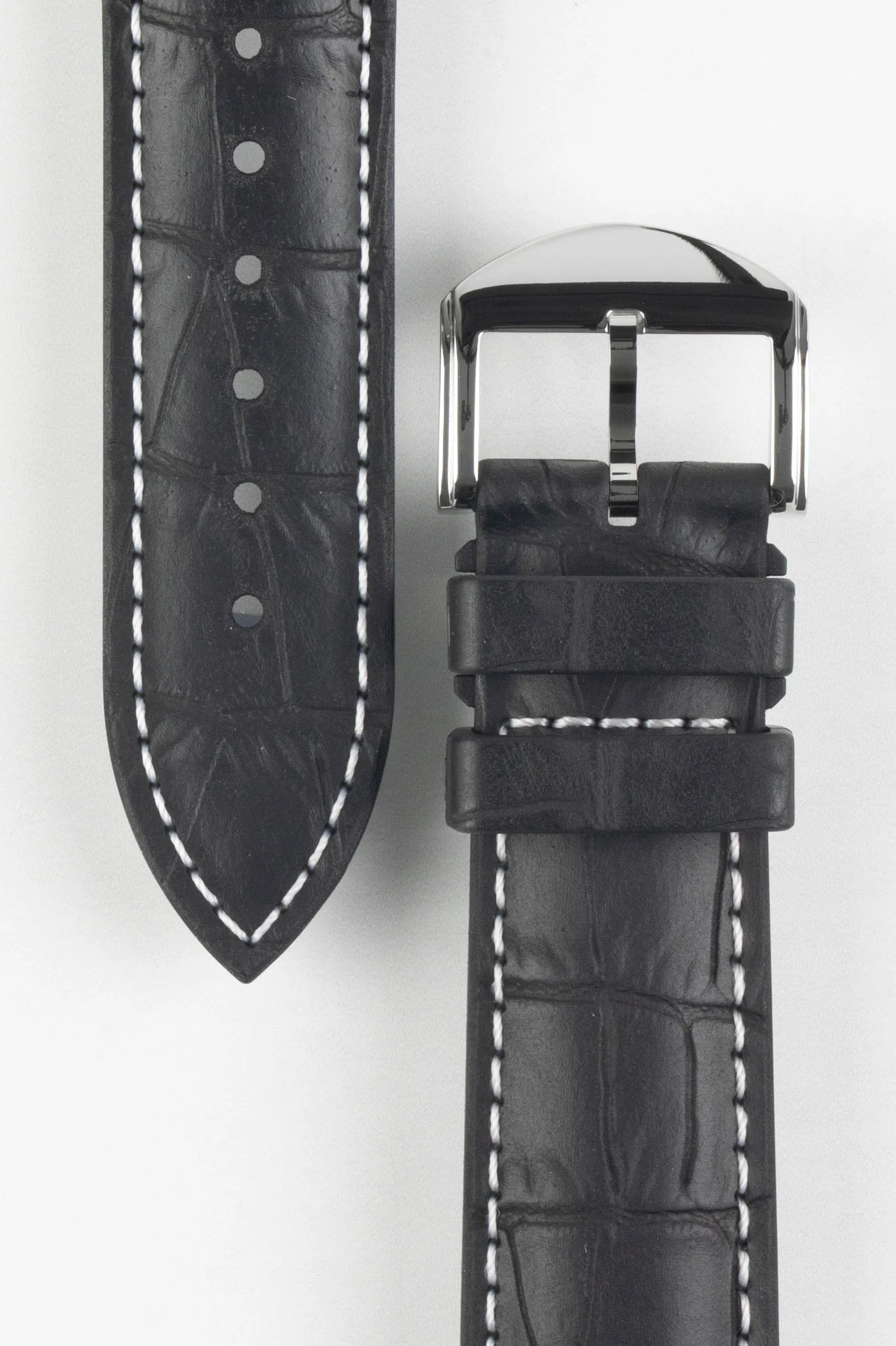 ISOSWISS SKINSKAN Alligator-Embossed Rubber Watch Strap in BLACK with White Stitch - Image 3