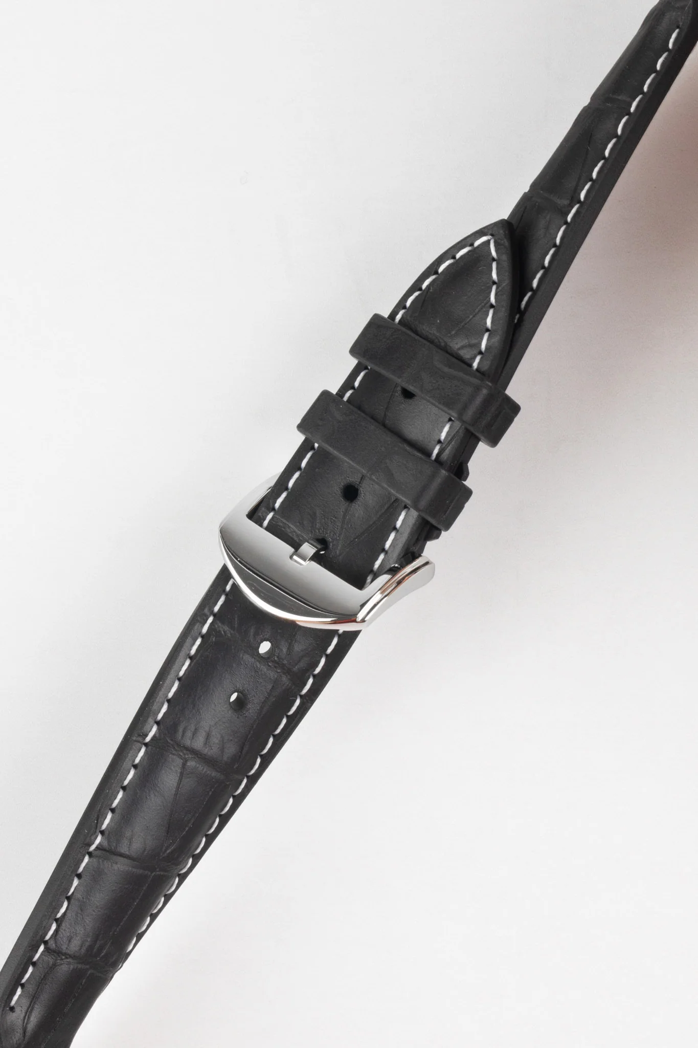ISOSWISS SKINSKAN Alligator-Embossed Rubber Watch Strap in BLACK with White Stitch - Image 5