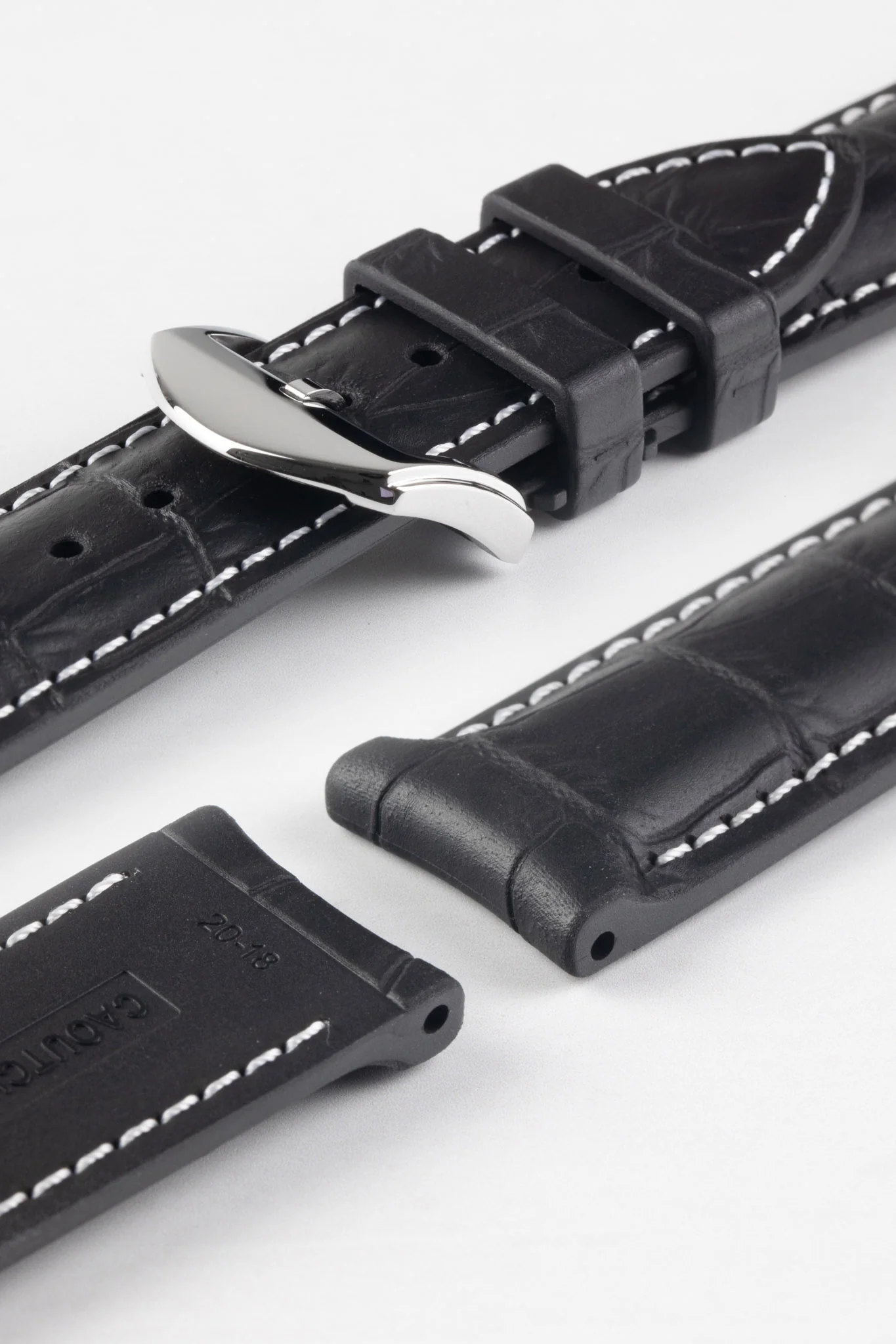 ISOSWISS SKINSKAN Alligator-Embossed Rubber Watch Strap in BLACK with White Stitch - Image 7
