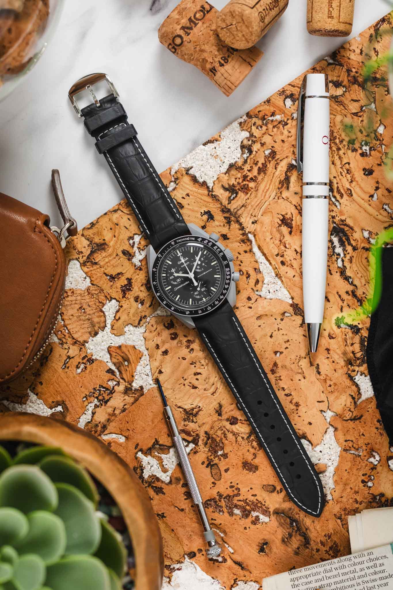 ISOSWISS SKINSKAN Alligator-Embossed Rubber Watch Strap in BLACK with White Stitch - Image 8