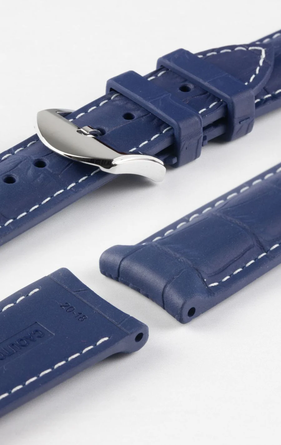 ISOSWISS SKINSKAN Alligator-Embossed Rubber Watch Strap in BLUE with White Stitch - Image 7