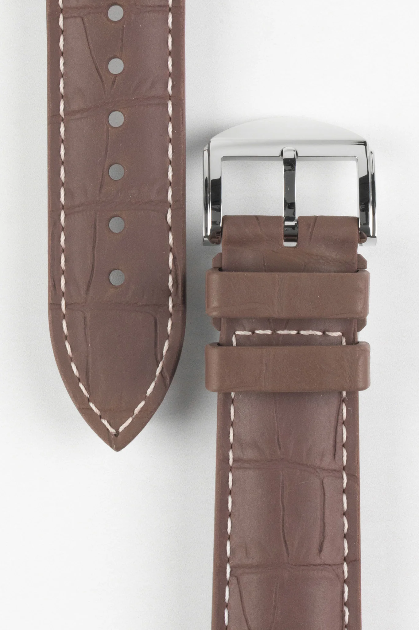 ISOSWISS SKINSKAN Alligator-Embossed Rubber Watch Strap in BROWN with White Stitch - Image 2
