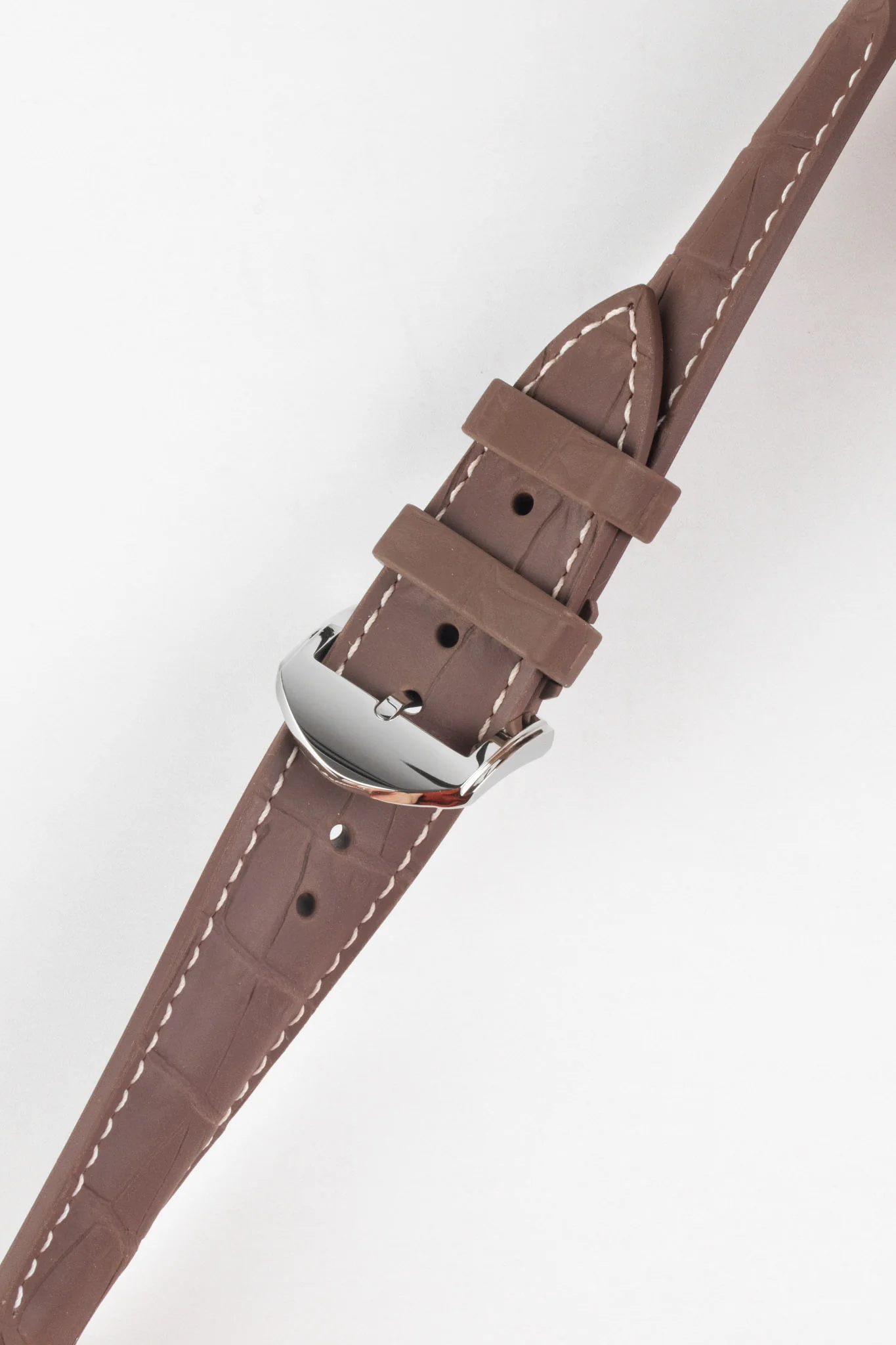 ISOSWISS SKINSKAN Alligator-Embossed Rubber Watch Strap in BROWN with White Stitch - Image 3