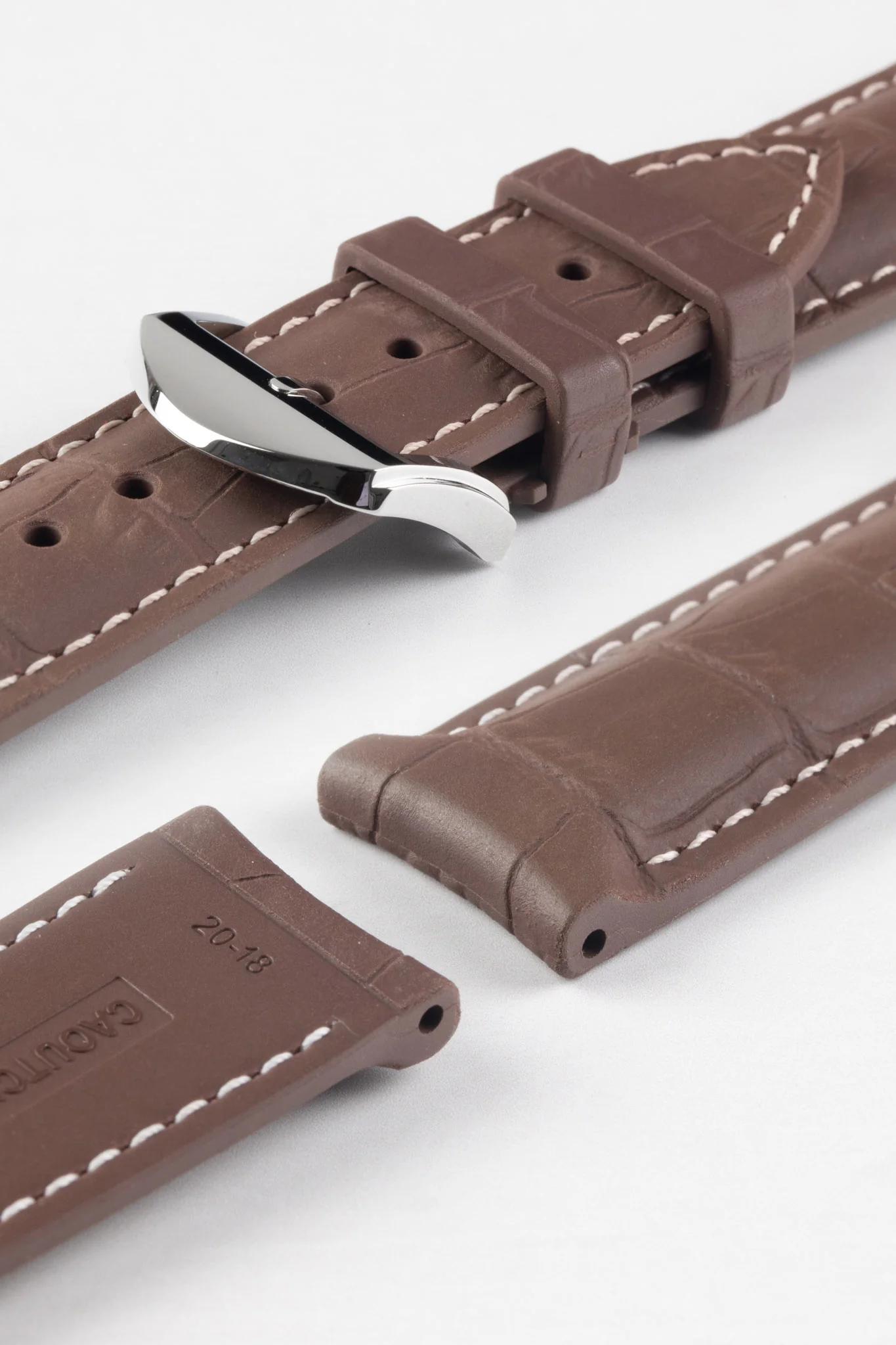 ISOSWISS SKINSKAN Alligator-Embossed Rubber Watch Strap in BROWN with White Stitch - Image 4