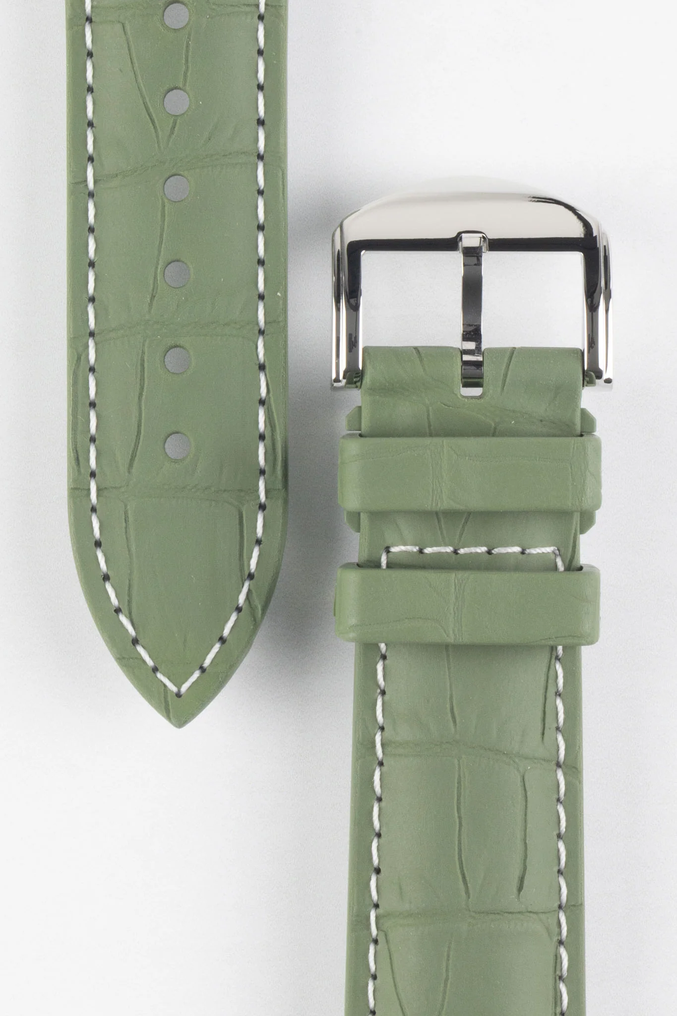 ISOSWISS SKINSKAN Alligator-Embossed Rubber Watch Strap in KHAKI GREEN with White Stitch - Image 2