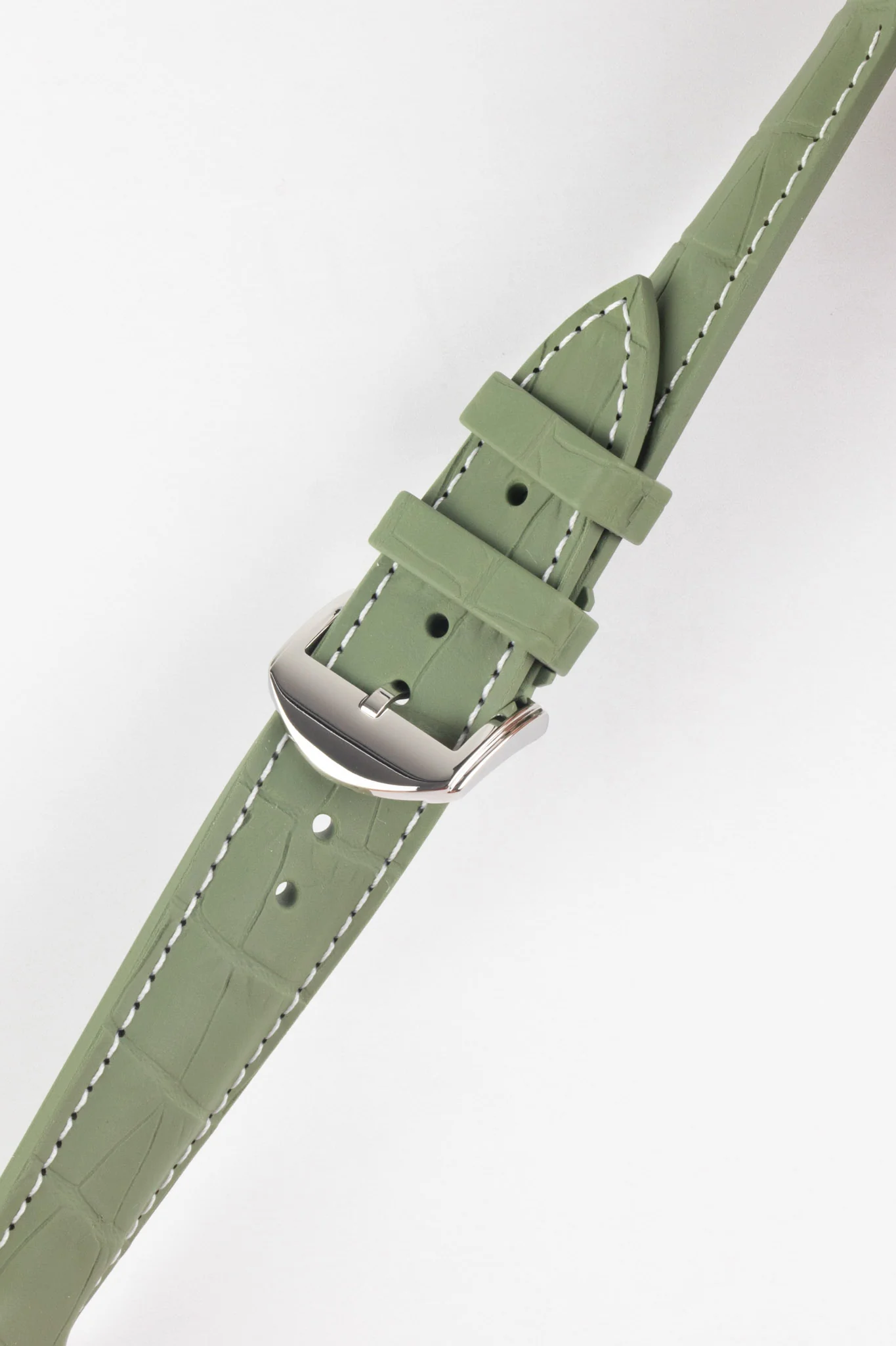 ISOSWISS SKINSKAN Alligator-Embossed Rubber Watch Strap in KHAKI GREEN with White Stitch - Image 3