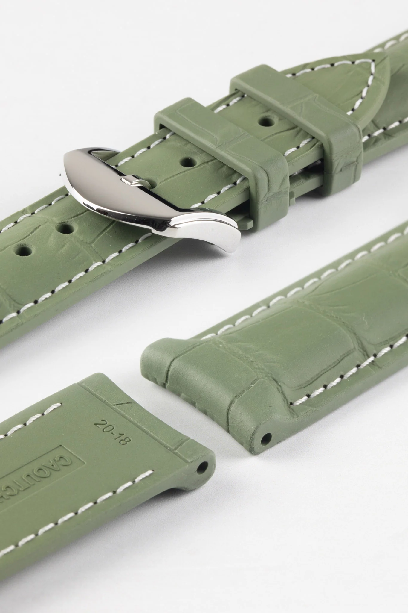 ISOSWISS SKINSKAN Alligator-Embossed Rubber Watch Strap in KHAKI GREEN with White Stitch - Image 4