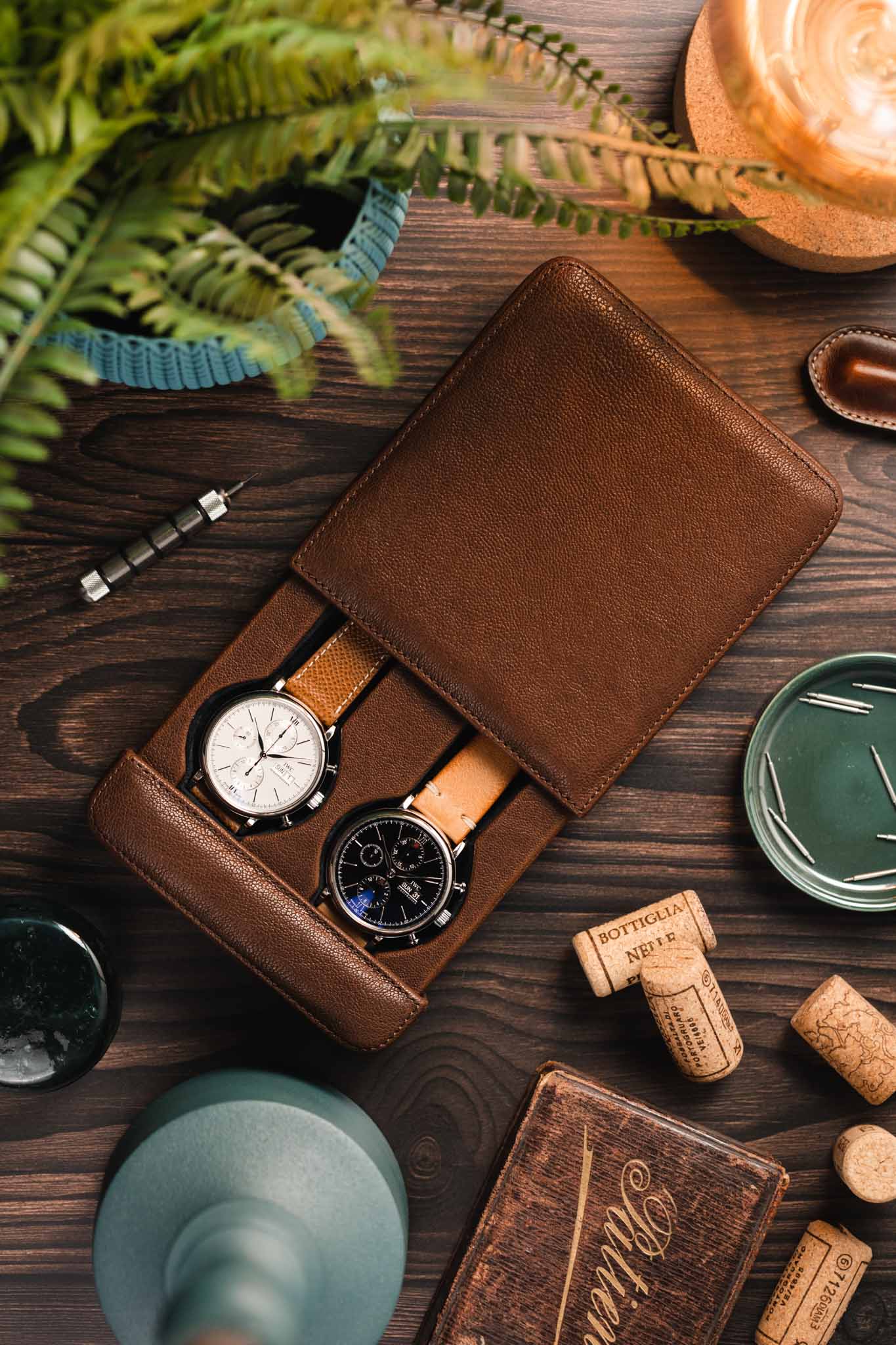 JPM 2-Watch Leather Sliding Storage Case in AGED BROWN - Image 2