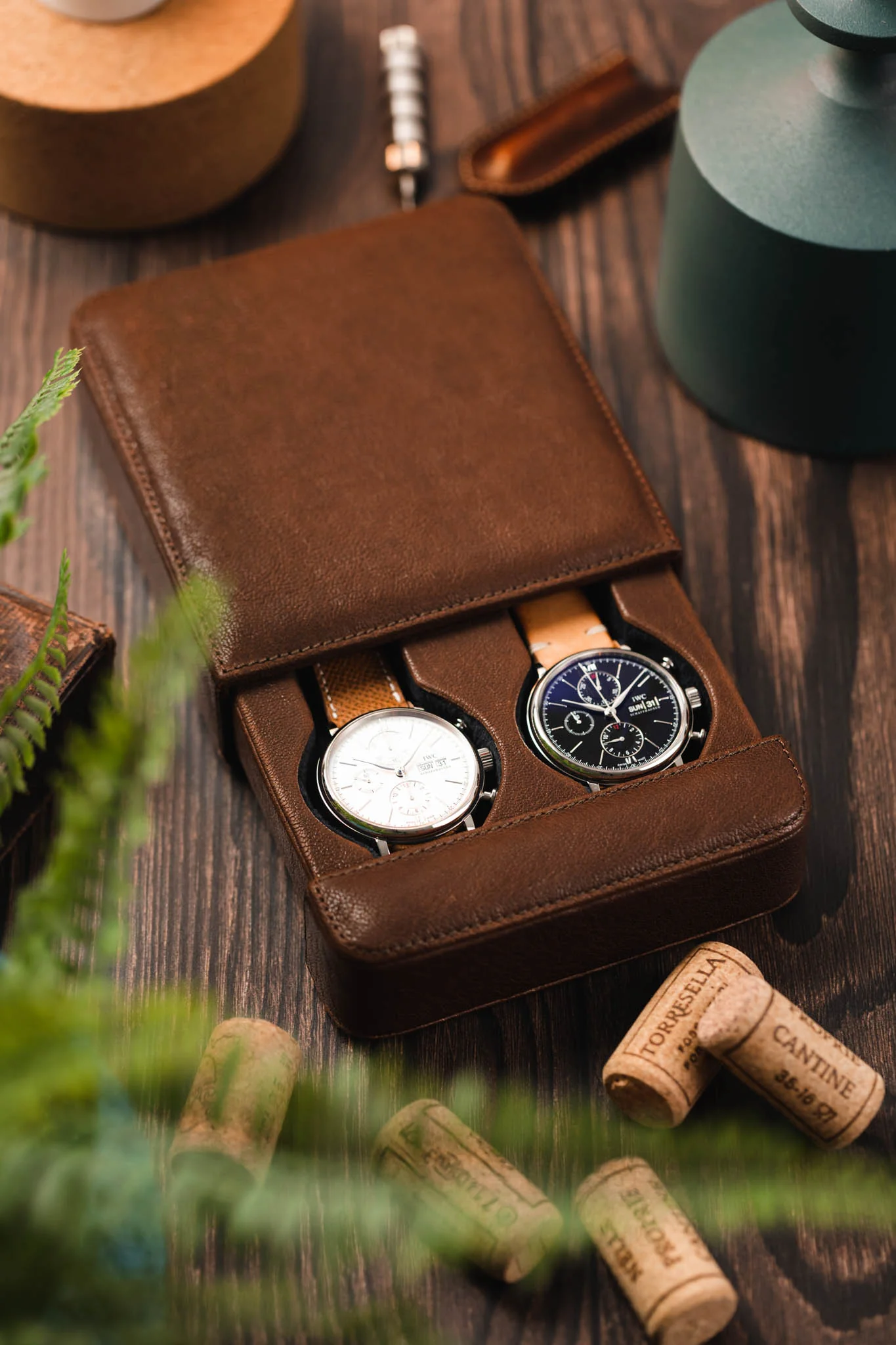JPM 2-Watch Leather Sliding Storage Case in AGED BROWN - Image 6