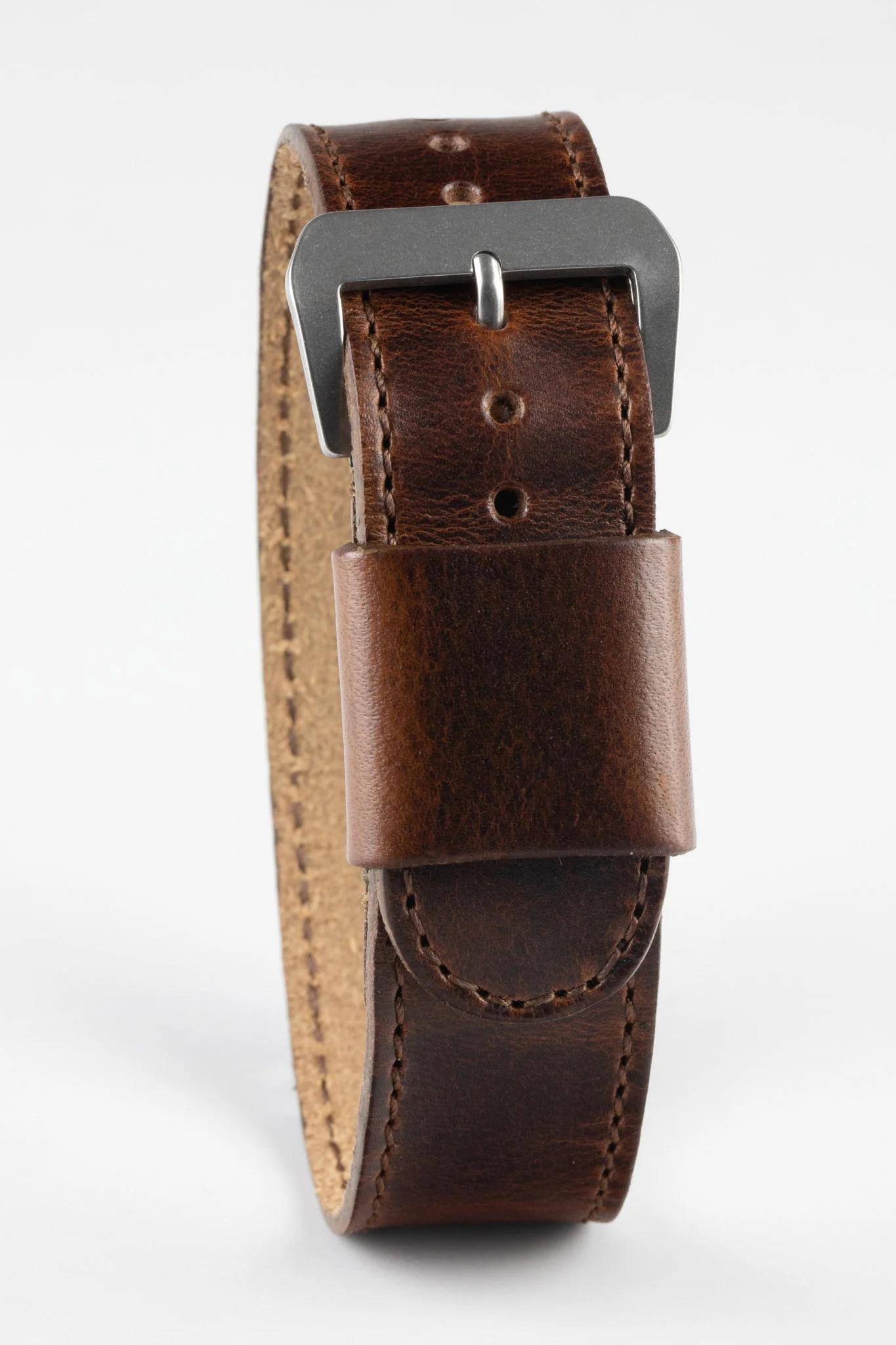 JPM Italian Leather One-Piece Watch Strap in DISTRESSED BROWN with Single Leather Keeper - Image 4