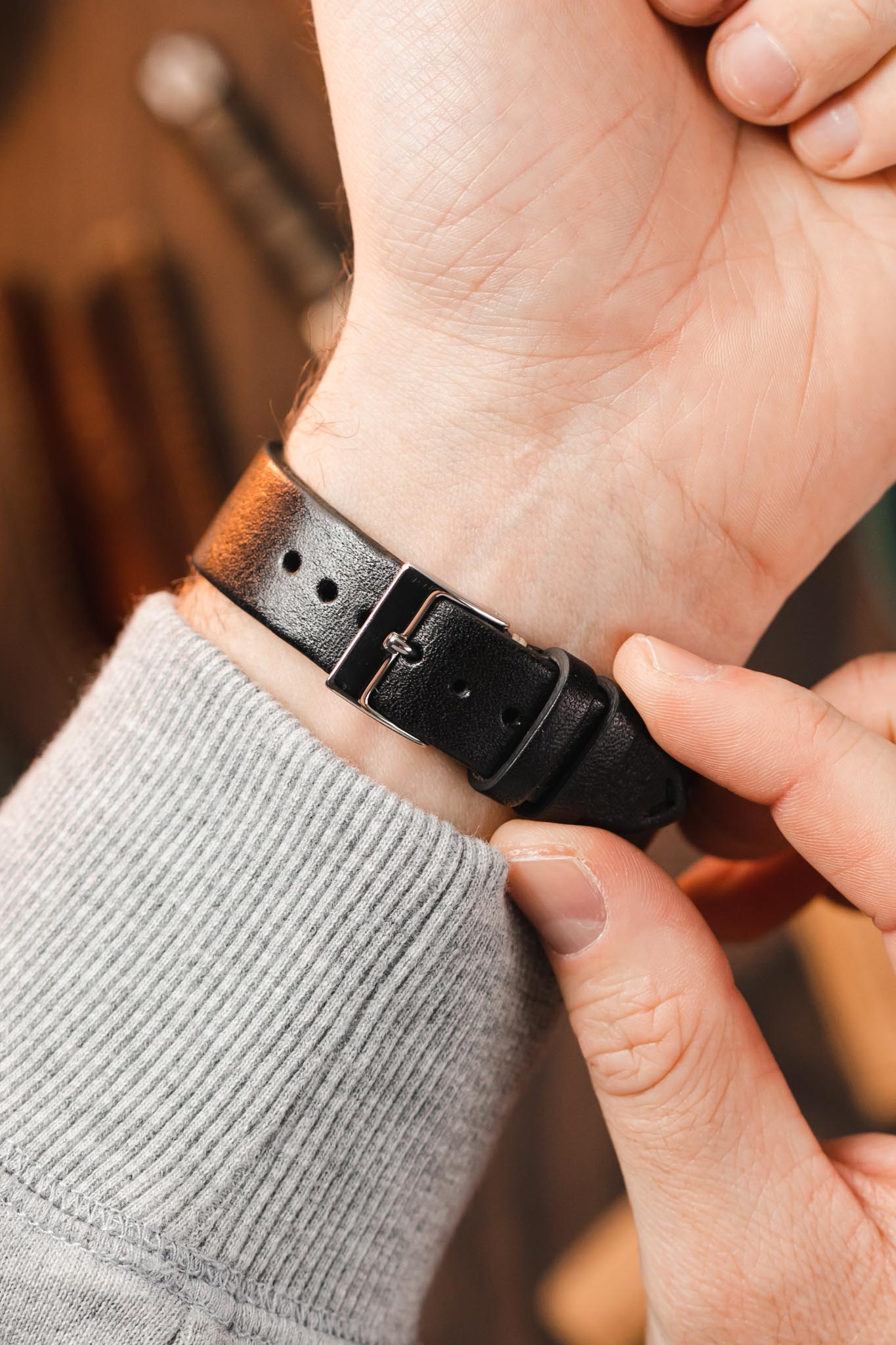 JPM Italian Vintage Leather Watch Strap in BLACK - Image 5