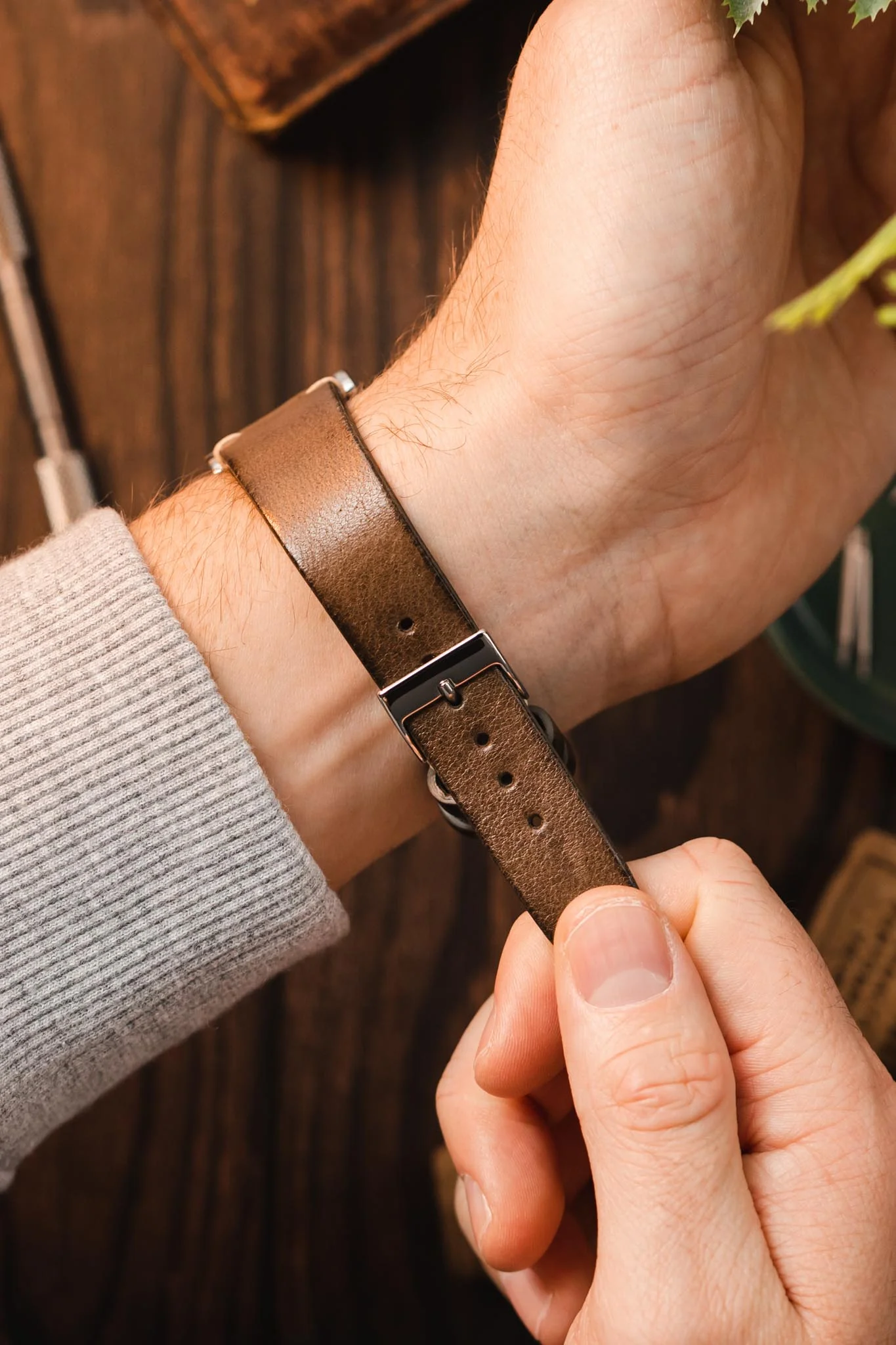JPM Italian Vintage Leather Watch Strap in TABAC BROWN - Image 5