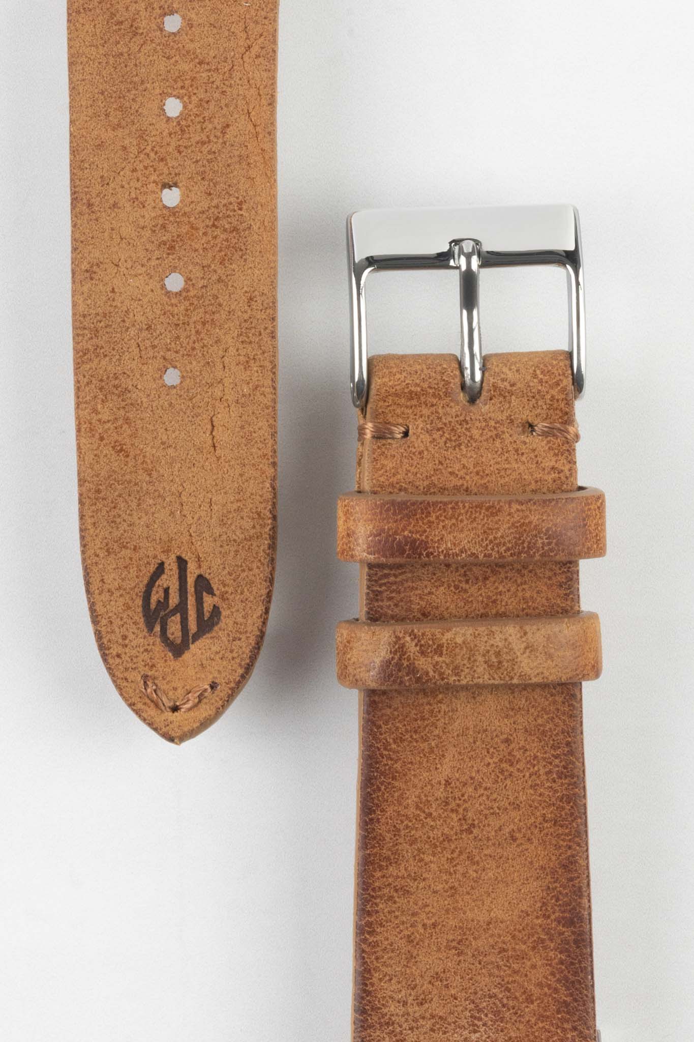 JPM Italian Vintage Leather Watch Strap with Tonal Stitch in MID BROWN - Image 3