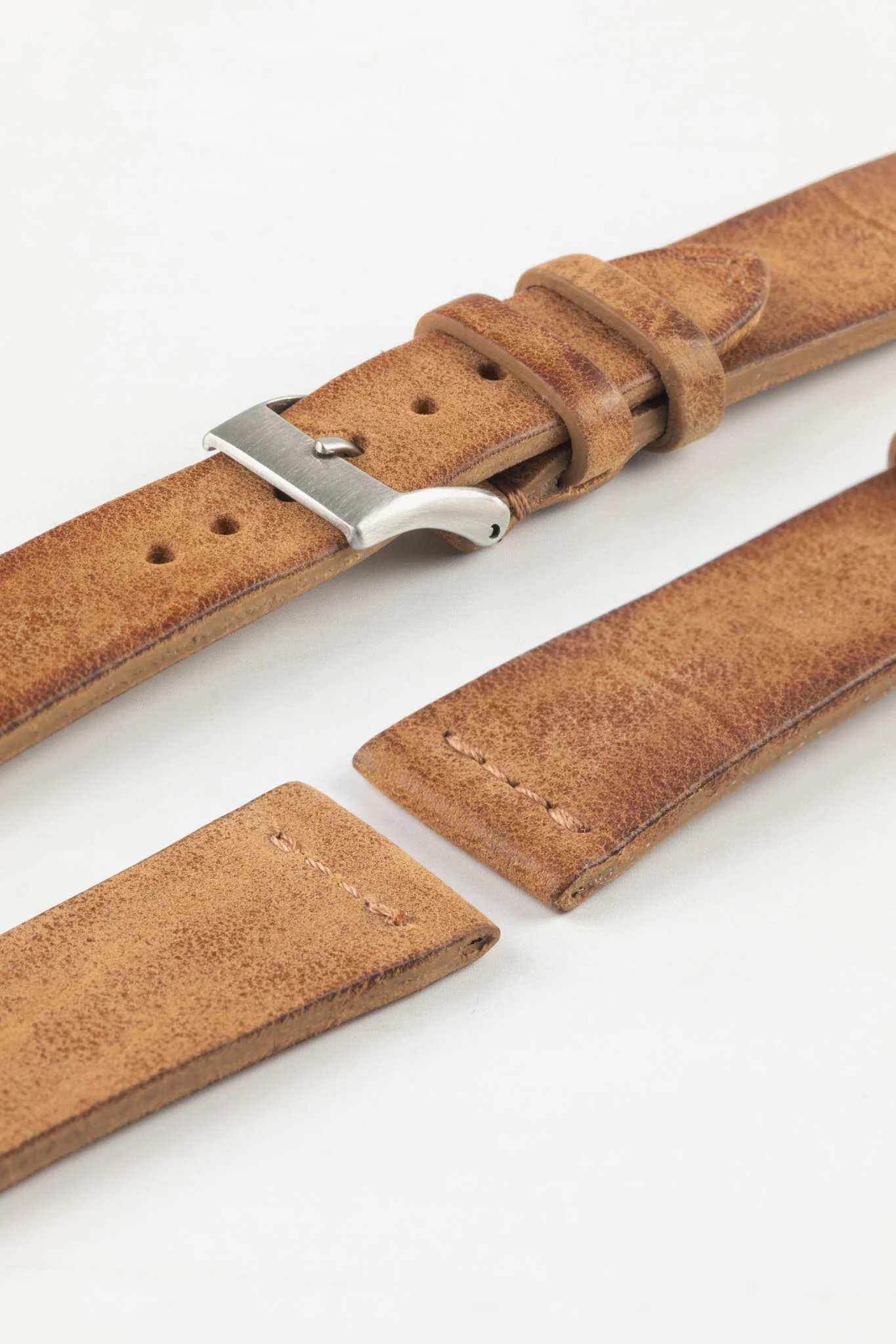 JPM Italian Vintage Leather Watch Strap with Tonal Stitch in MID BROWN - Image 7