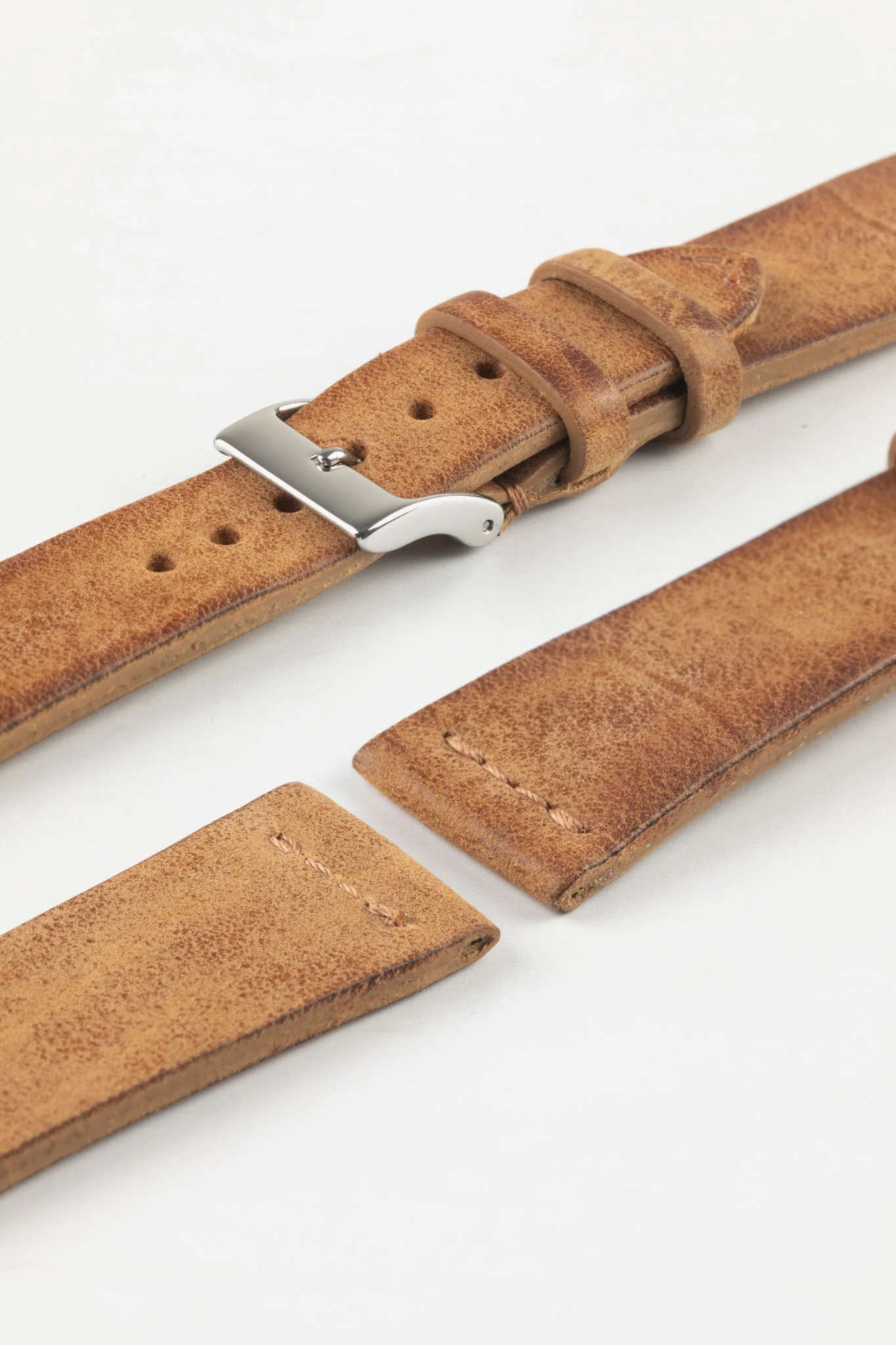 JPM Italian Vintage Leather Watch Strap with Tonal Stitch in MID BROWN - Image 8