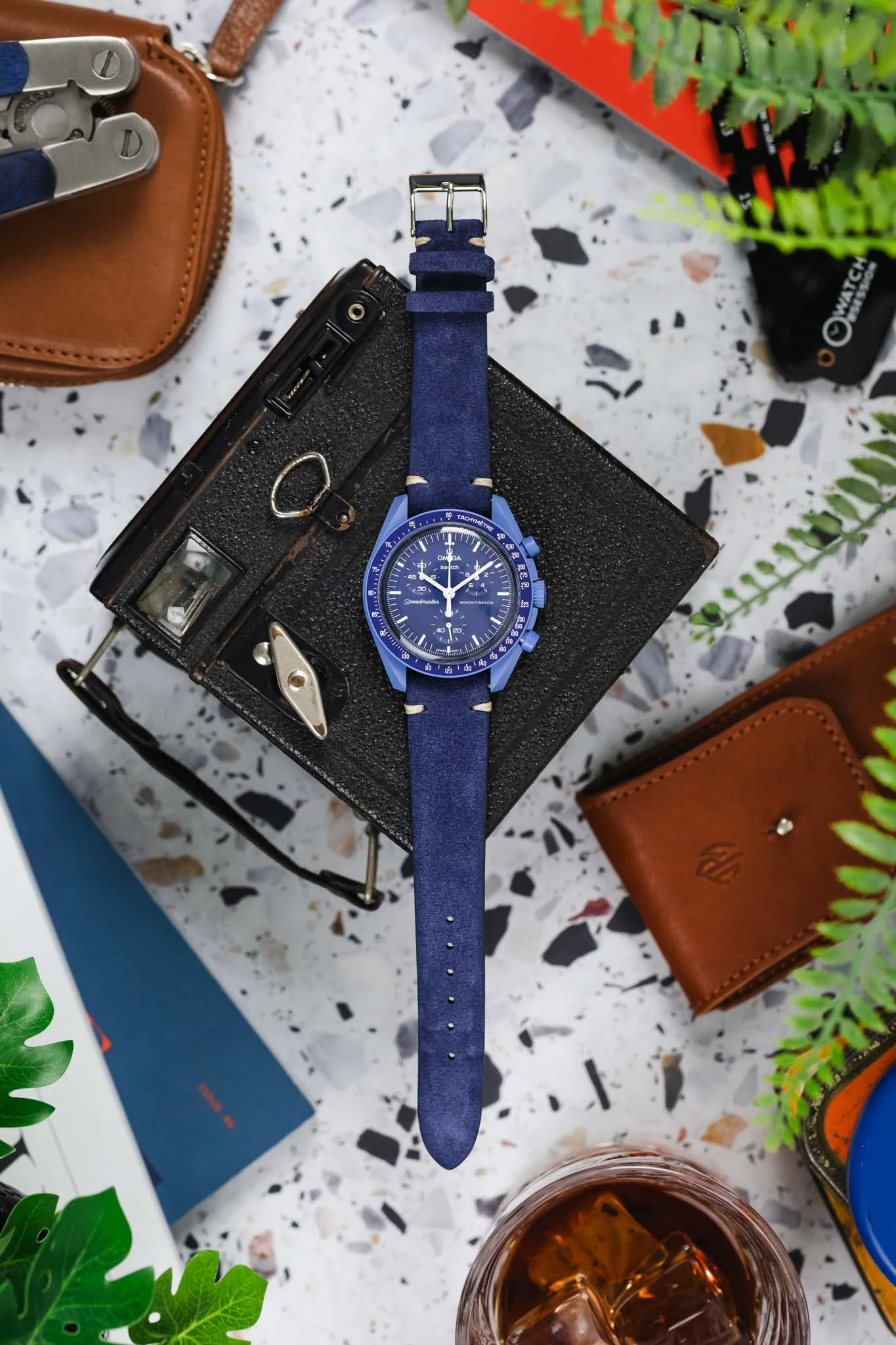 JPM Italian Vintage Suede Leather Watch Strap in BLUE - Image 10