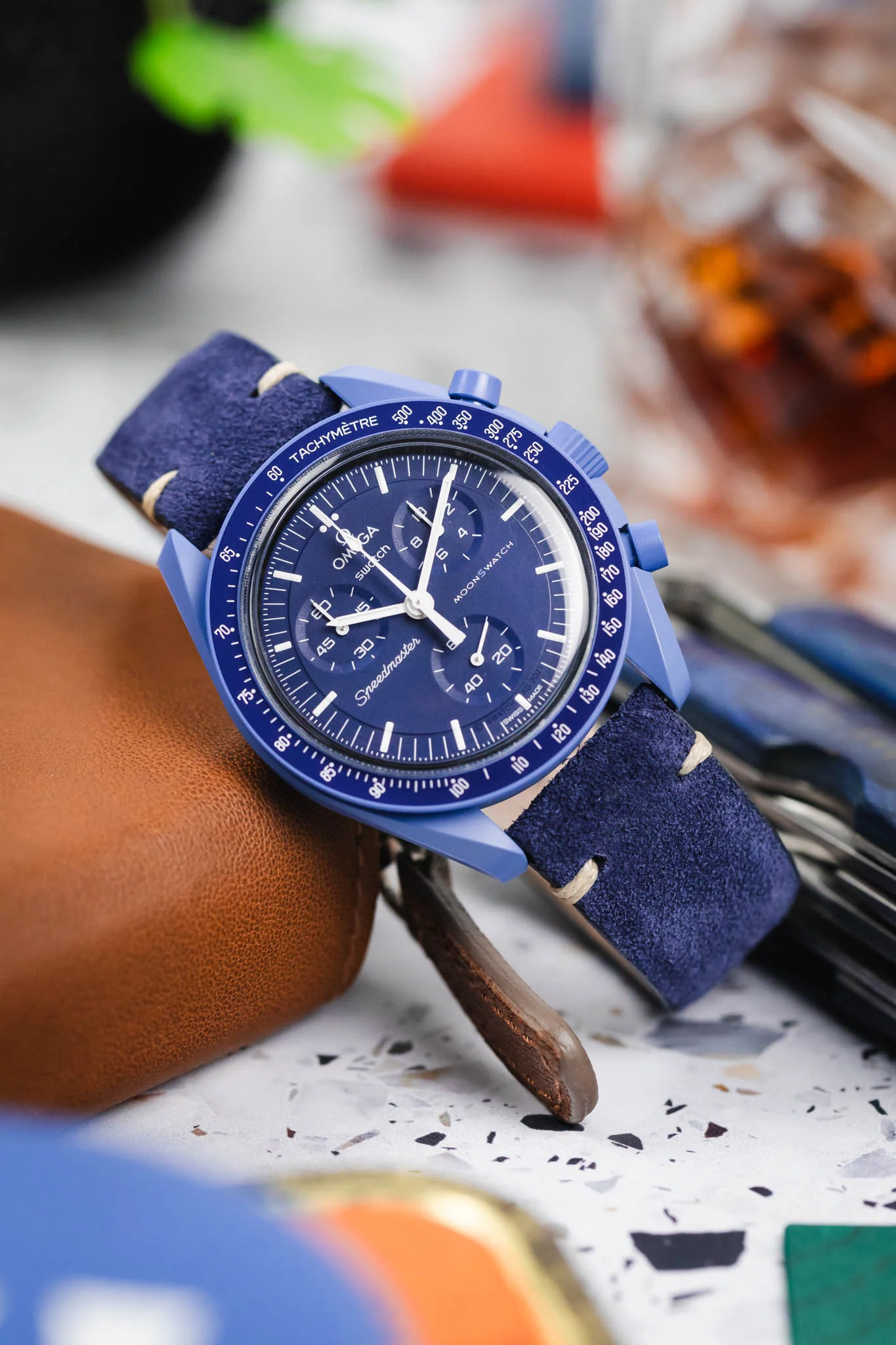 JPM Italian Vintage Suede Leather Watch Strap in BLUE - Image 4