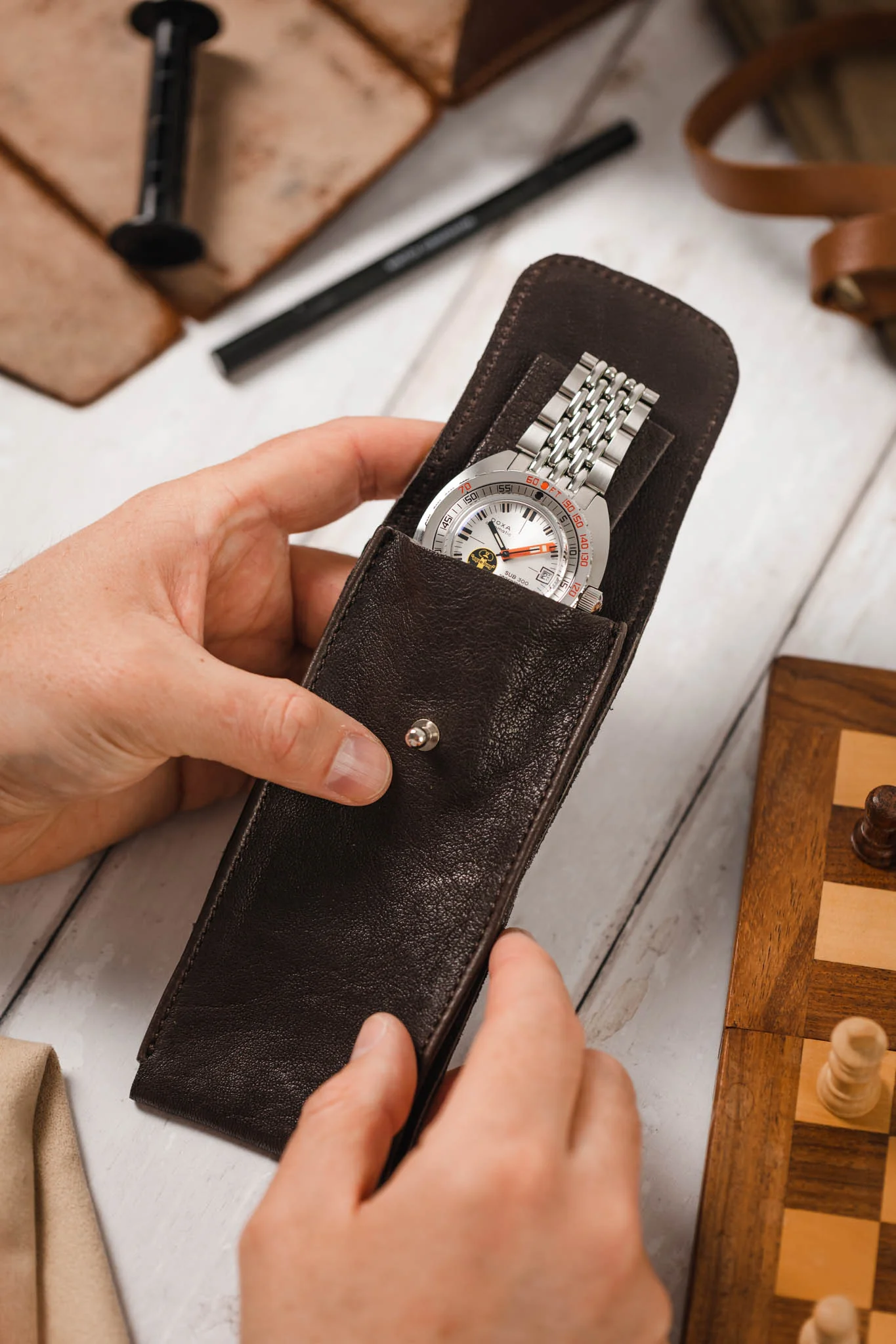 JPM Single Watch Leather Travel Pouch in BROWN - Image 4
