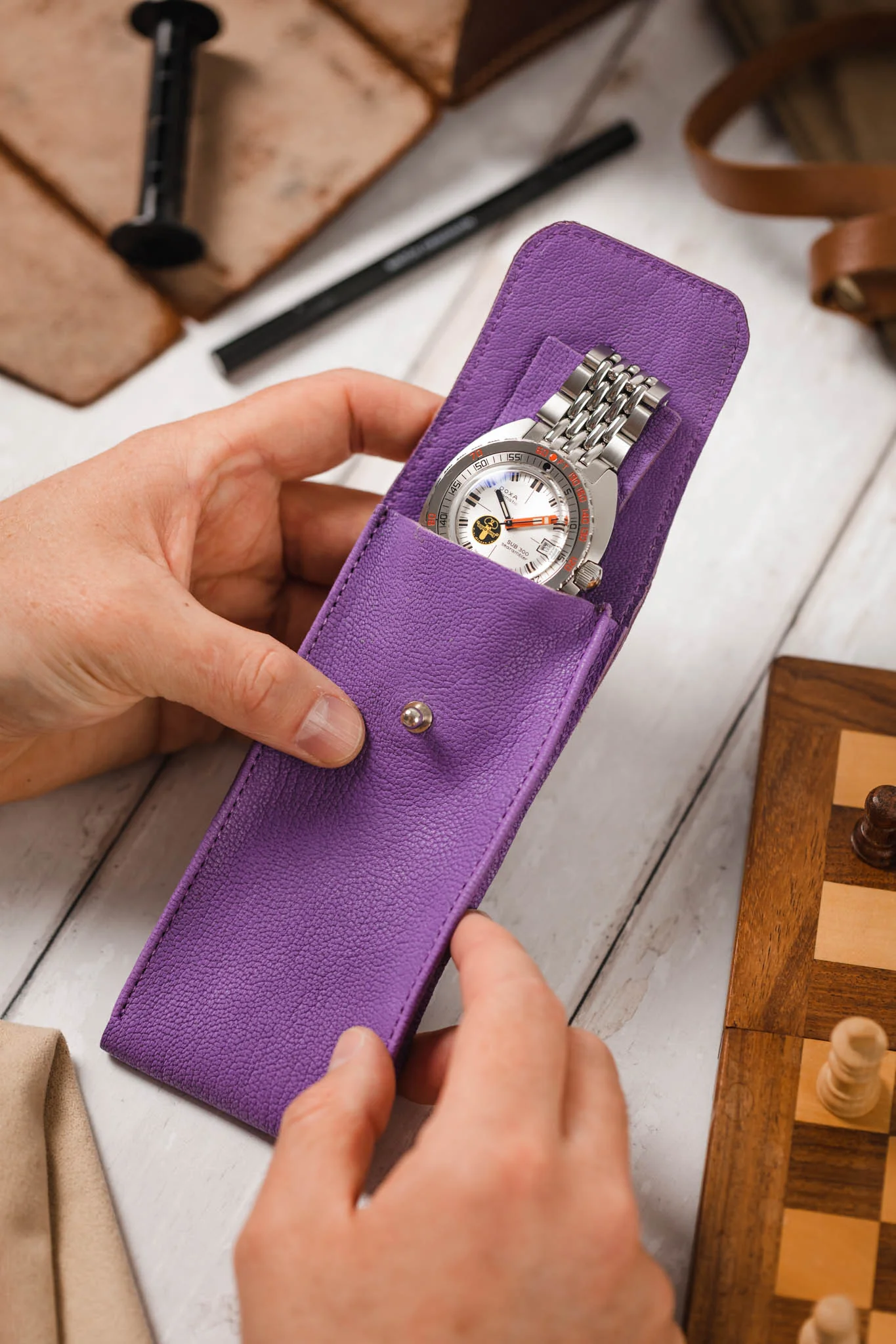 JPM Single Watch Leather Travel Pouch in PURPLE - Image 4