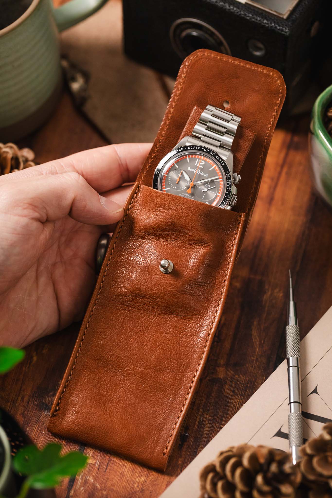 JPM Single Watch Leather Travel Pouch in Tan - Image 6