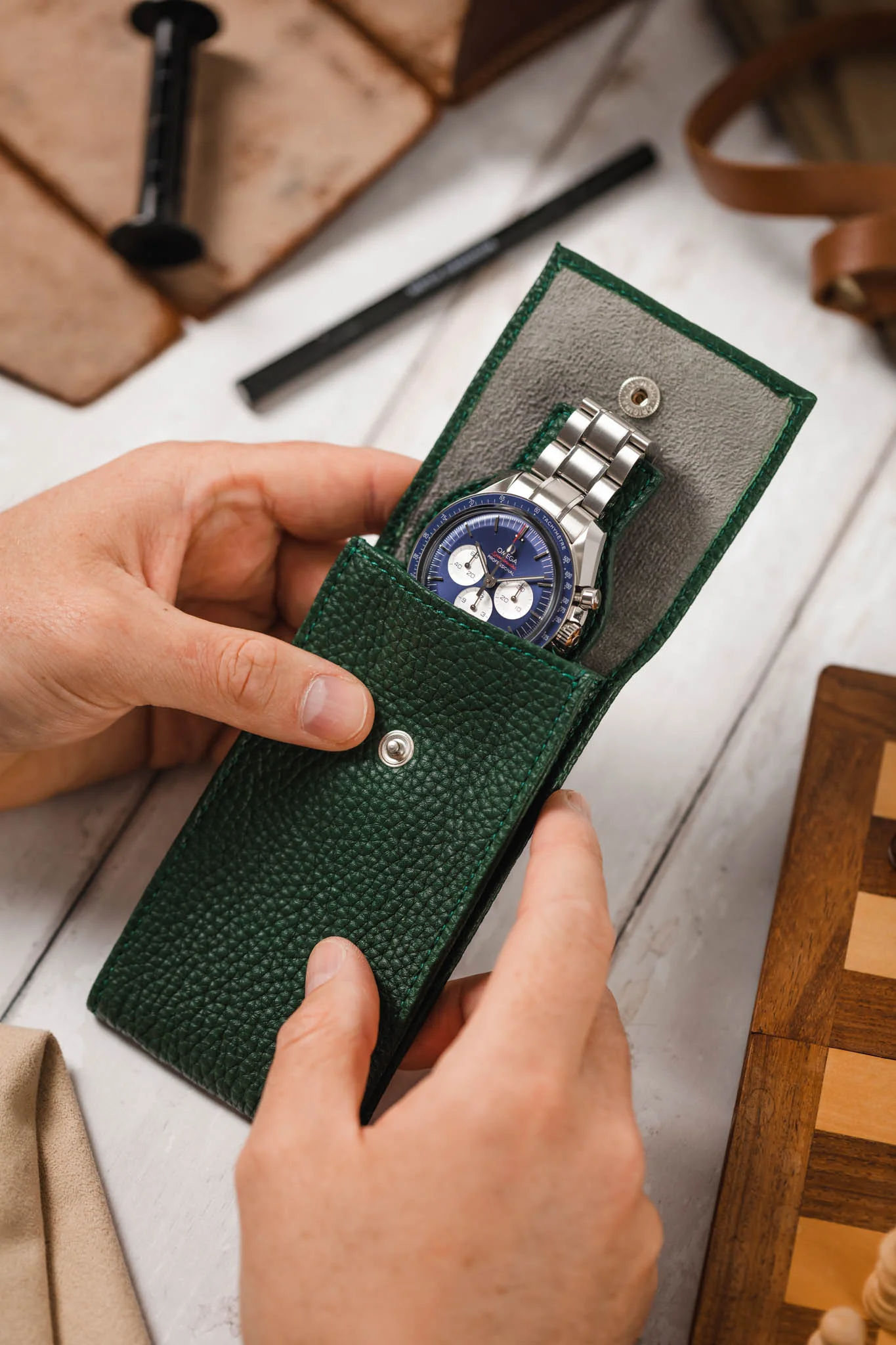 JPM Luxe Leather Watch Pouch in GREEN - Image 4