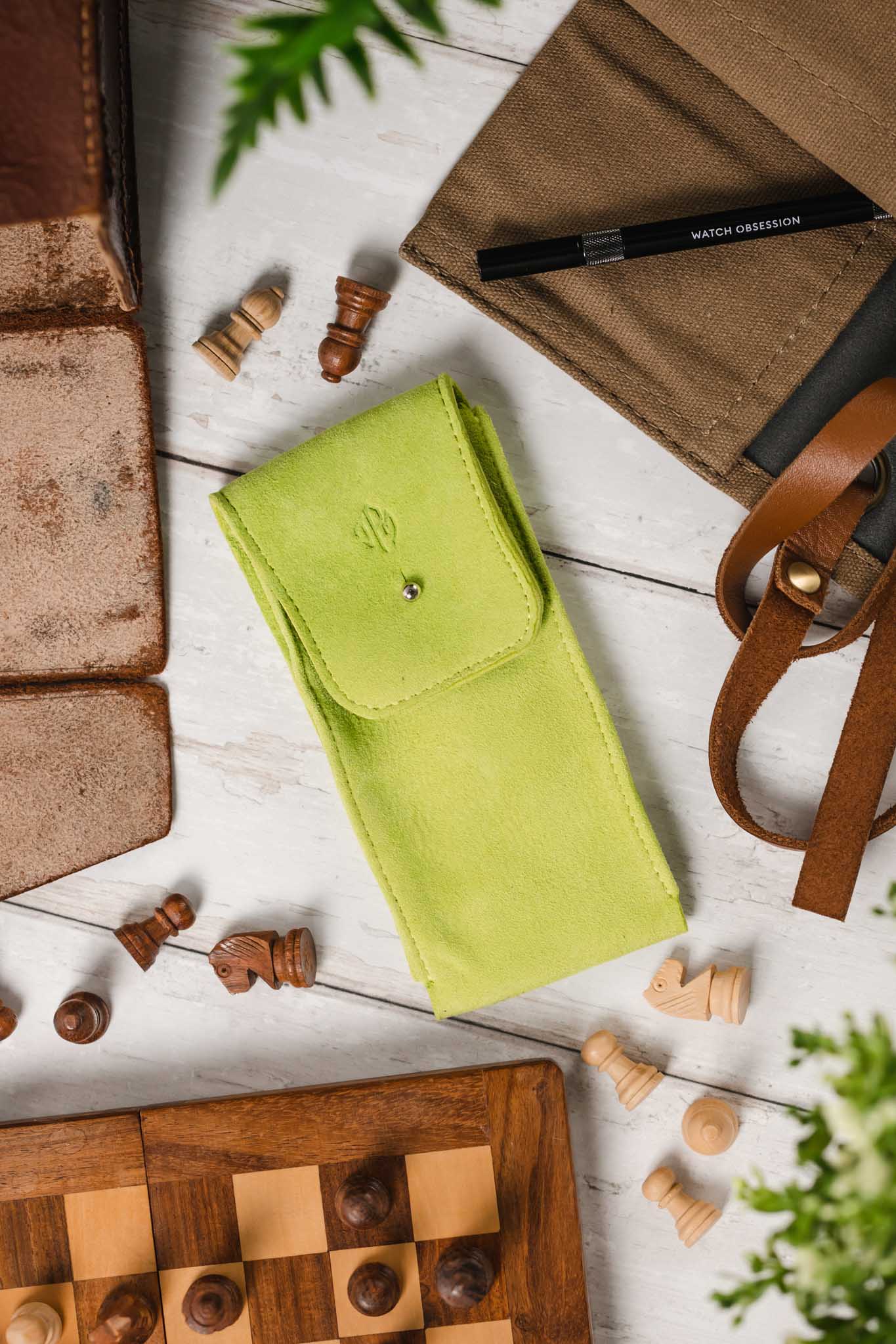 JPM Single Watch Vintage Suede Travel Pouch in LIME GREEN - Image 2